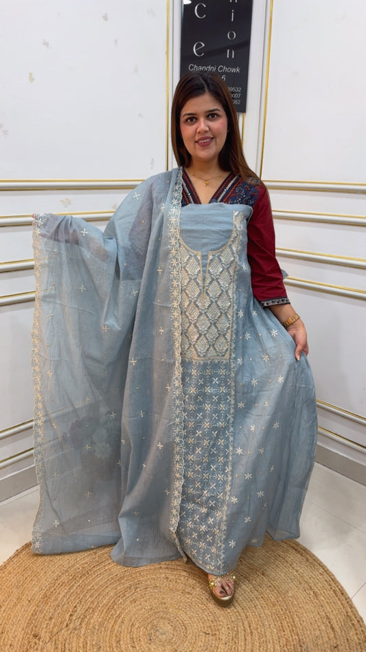Mul Mul cotton very beautiful full panel embroidery Karachi work suit material with Mul Mul dupatta GF1070 MIST BLUE