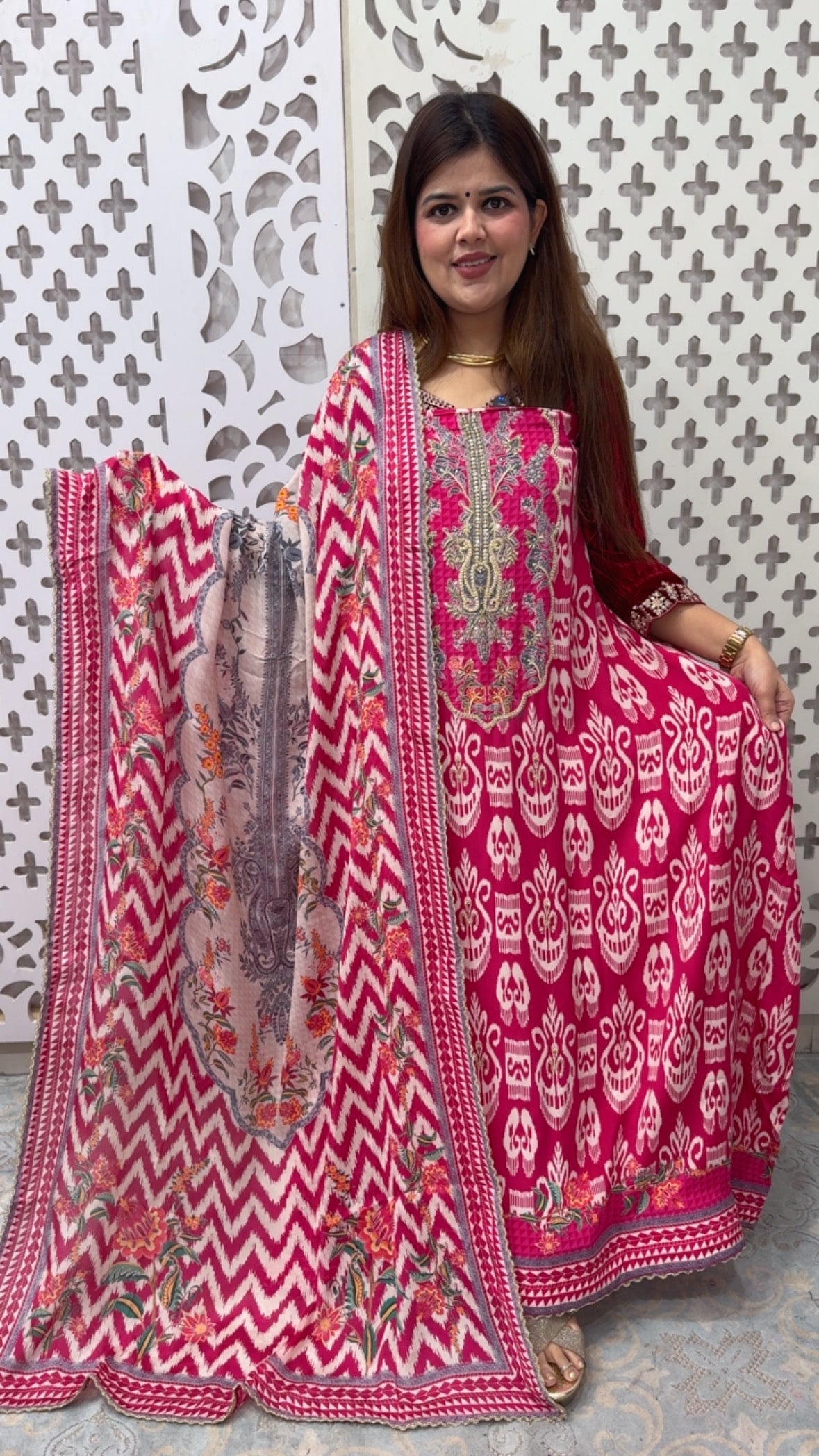 Royal and premium pure crape silk digital printed full Royal handwork suit material along with Chinnon silk digital highlighted dupatta GF862