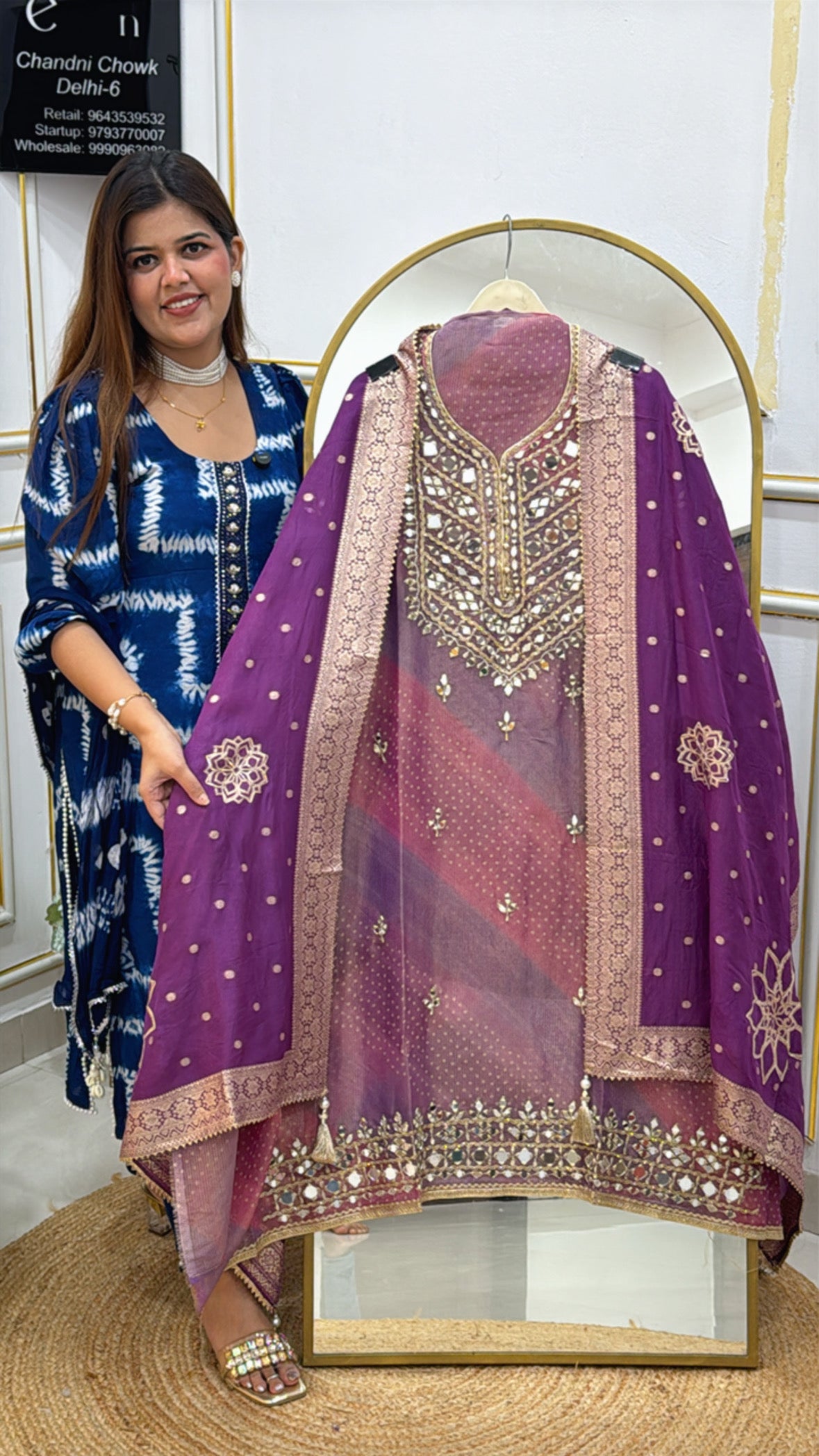 Partywear special pure mirror detailing shimmer silk suit material along with designer shimmer silk dupatta GF570