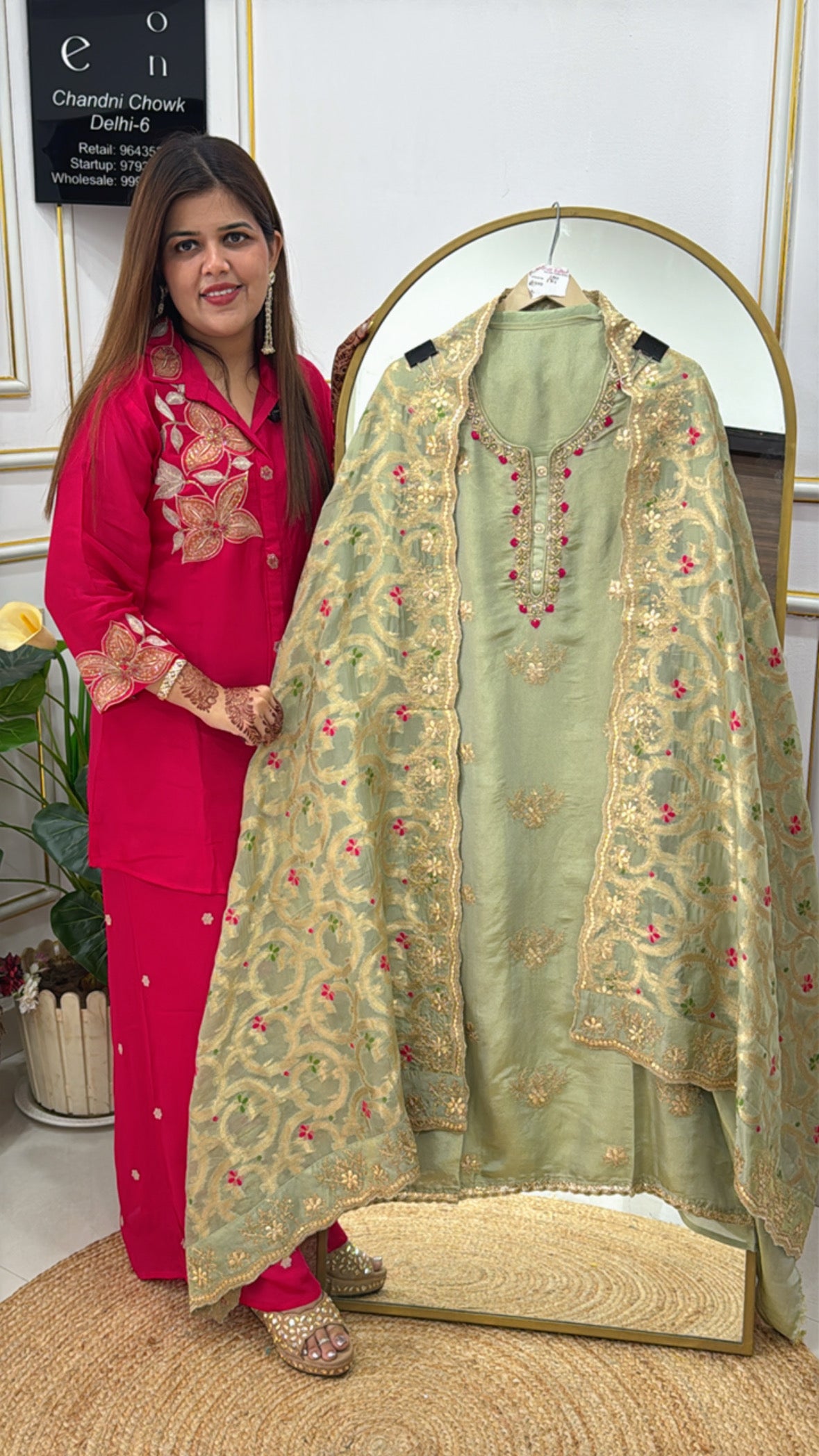 Premium Designer Silk Suit Material with Handwork Neck &amp; Weaved Dupatta GF 283