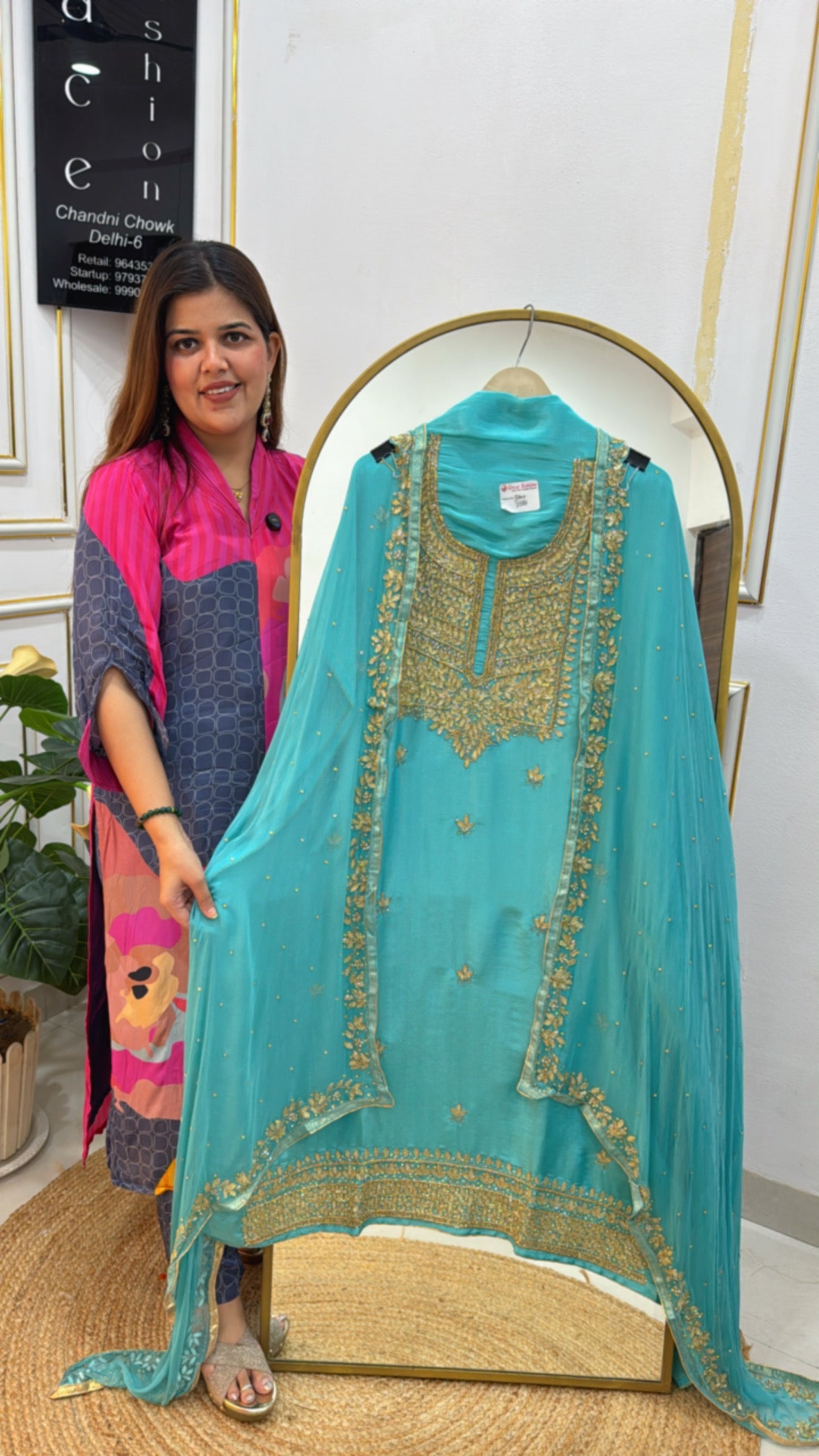 Partywear special designer handwork shimmer silk suit material along with all over handwork designer chiffon dupatta GF581