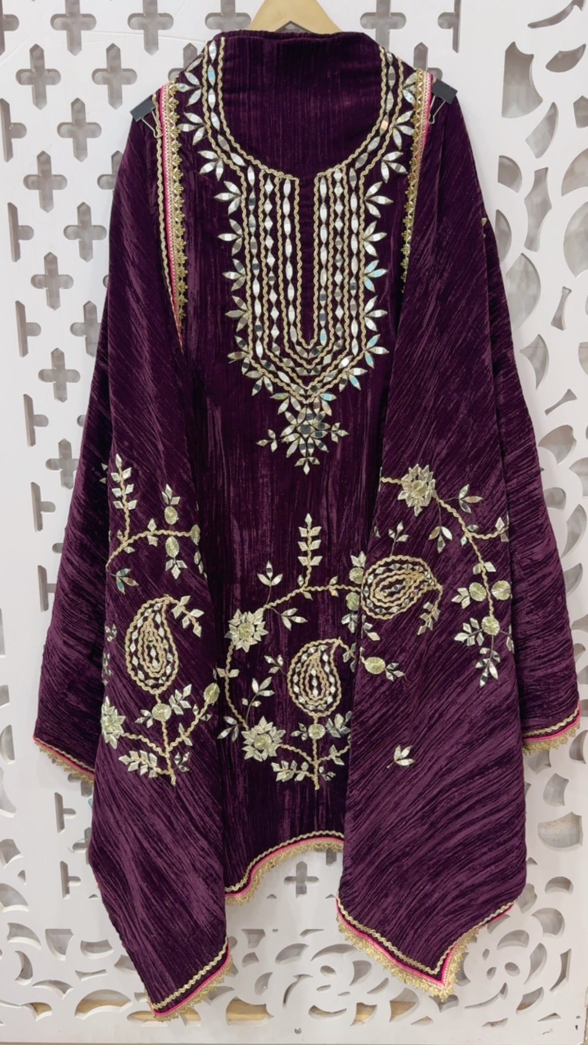 Wedding style partywear velvet suit material full manual handwork mirror leather patch and Gota over crushed velvet along with heavy work velvet dupatta GF825