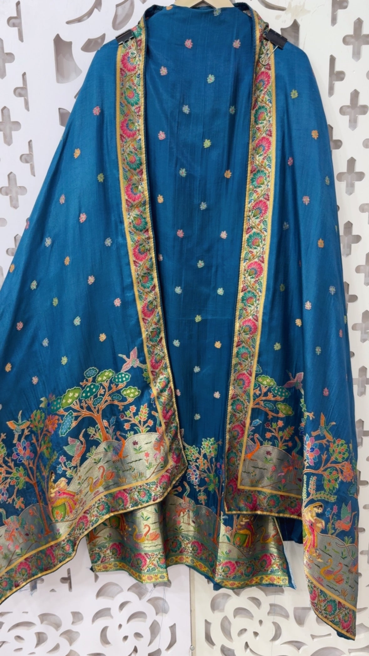 Premium pure Russian silk full gold weaved pichwai art designer silk suit material with weaved silk dupatta GF836
