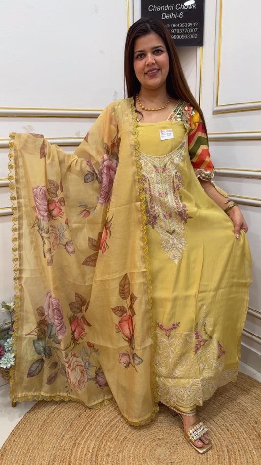 Beautiful pure cotton Shiffli neck work detailing classy suit material with digital printed pretty dupatta GF1044 Yellow