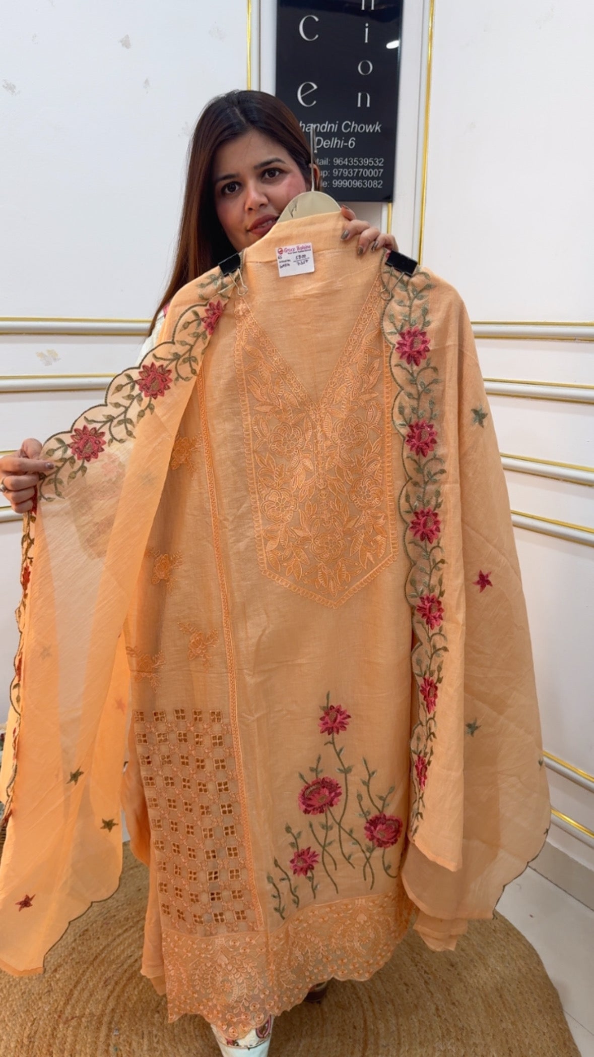 Pure Mul Mul beautiful embroidery neck work full designer concept suit material along with scalped dupatta GF1065 PEACH