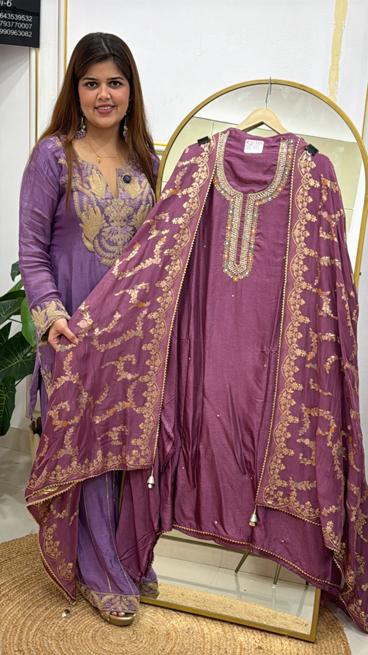 Pure raw silk suit material with elegant handwork neck detailing along with organza silk fully weaved dupatta GF 548