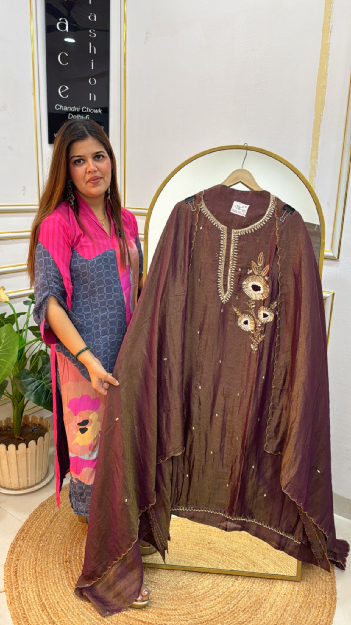 Elegant and designer pure shimmer silk designer handwork suit material along shimmer silk dupatta GF582