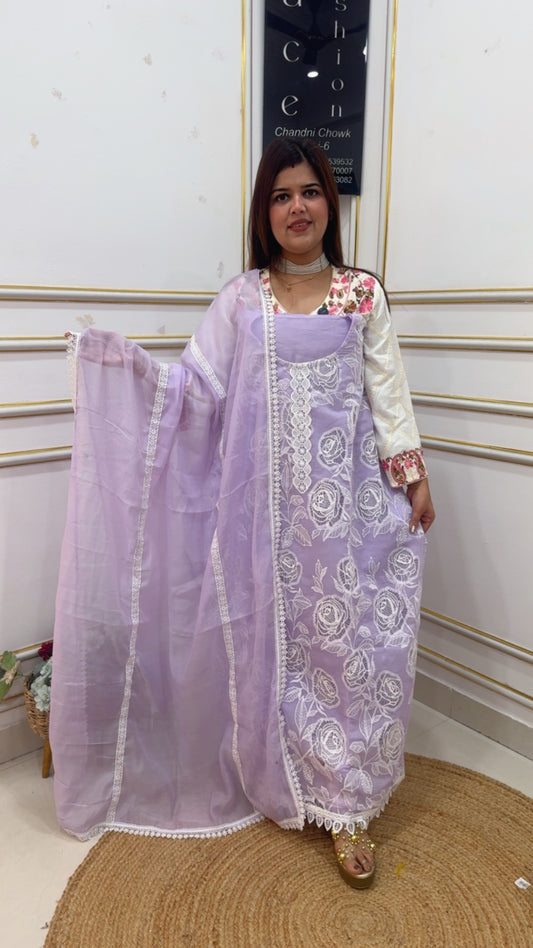 Latest applique work designer summer friendly mul cotton suit material with all over applique work and classy look GF1085 LIGHT PURPLE