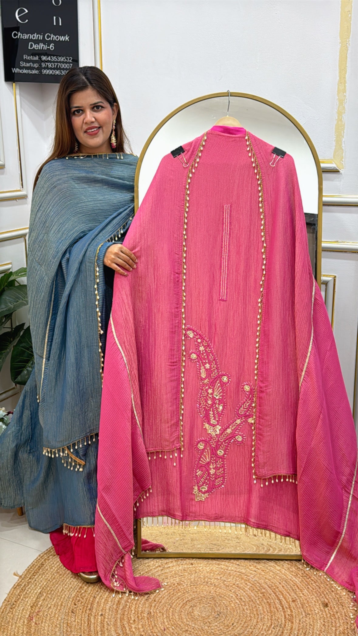 Latest Pure Crushed Shimmer Suit Material with Manual Handwork &amp; Pearl Detailed Crushed Dupatta GF 442