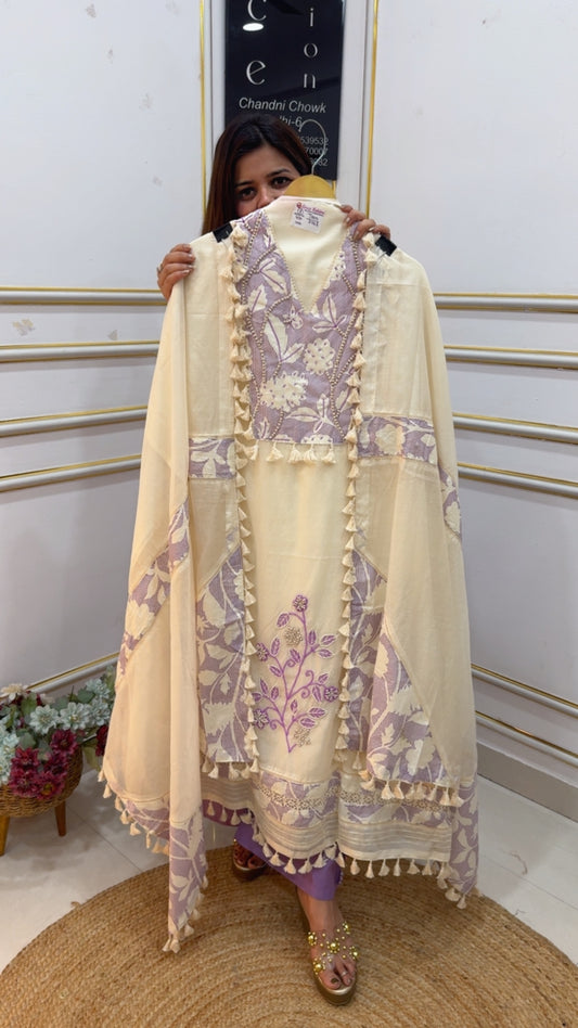 Premium pure boho style celebrity pattern latest Mul Mul suit material along with designer boho pattern dupatta GF1102 CREAM WITH PURPLE