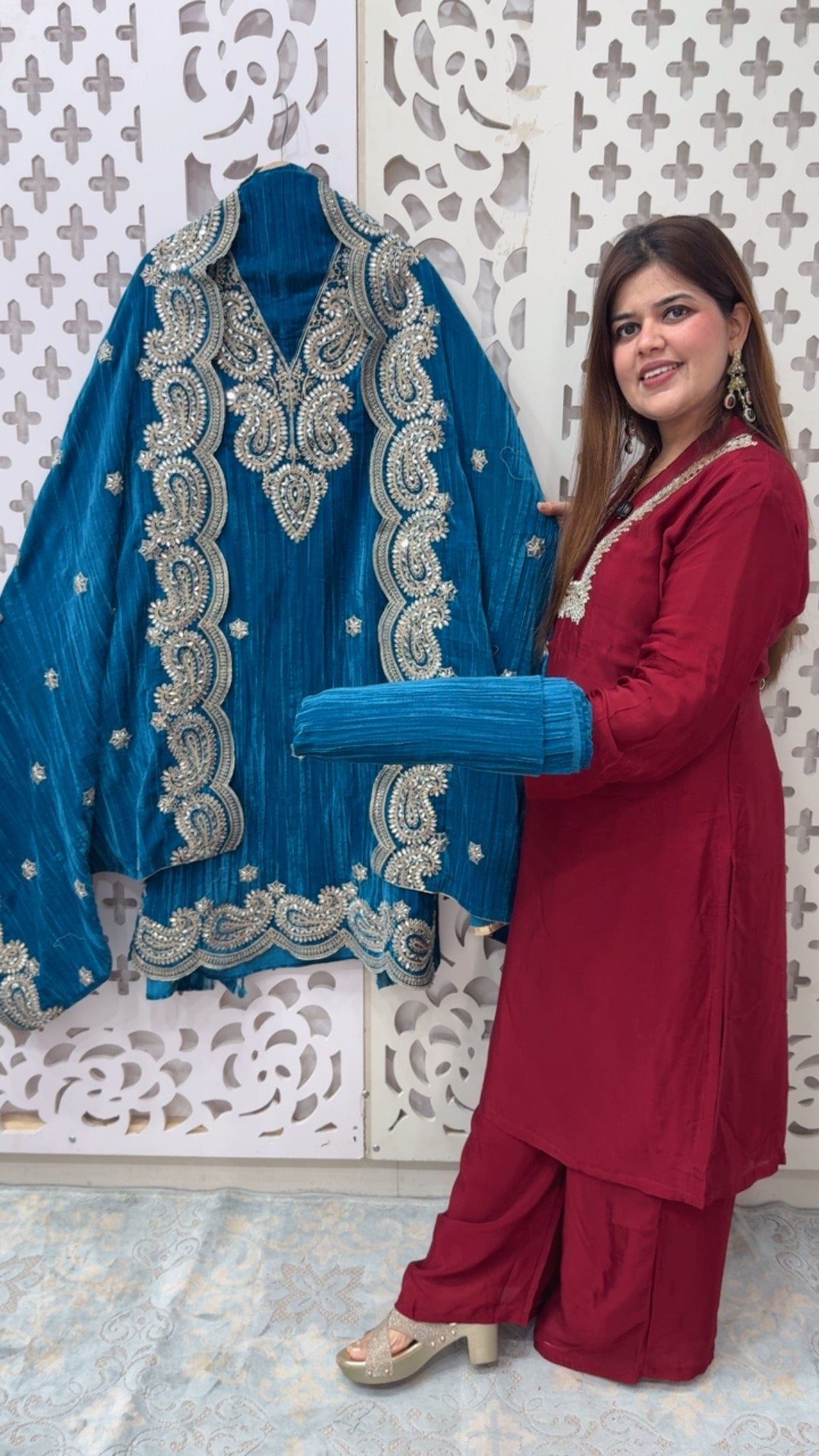 Luxury pure mirror handwork crushed velvet partywear suit material with full mirror handwork velvet dupatta along with crushed velvet bottom GF807