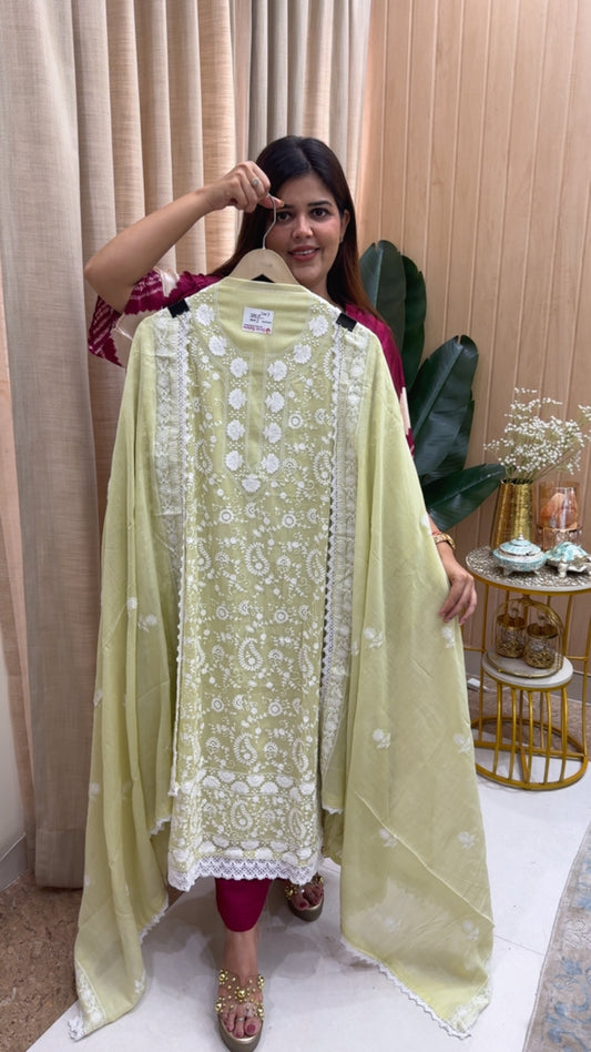 Pure cotton Mul Mul chikankari embroidery pure Summerish and stylish suit material with pure Mul Mul cotton embroidery dupatta GF1156 Soft Green