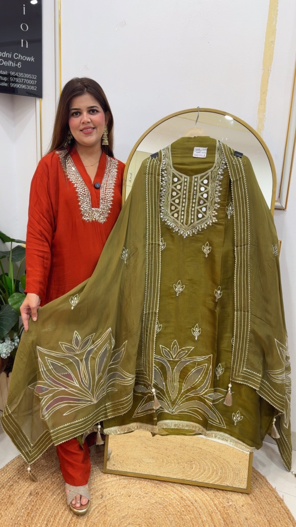 Premium mirror detailing with applique work pure shimmer silk partywear suit material GF695