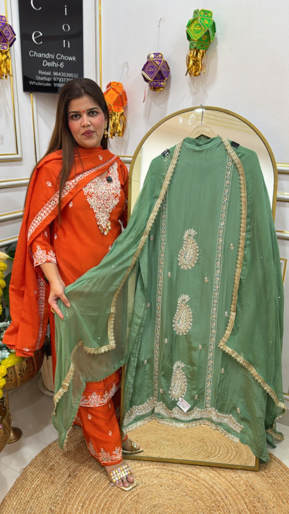 Handwork special premium crepe material suit material handwork motif all over shirt with chiffon dupatta GF672