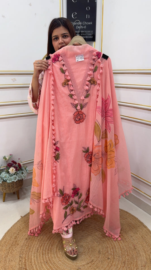 Pure Mul Mul Royal applique embroidery suit material with very royal Hand painted Mul Mul dupatta GF1055 blushing pink