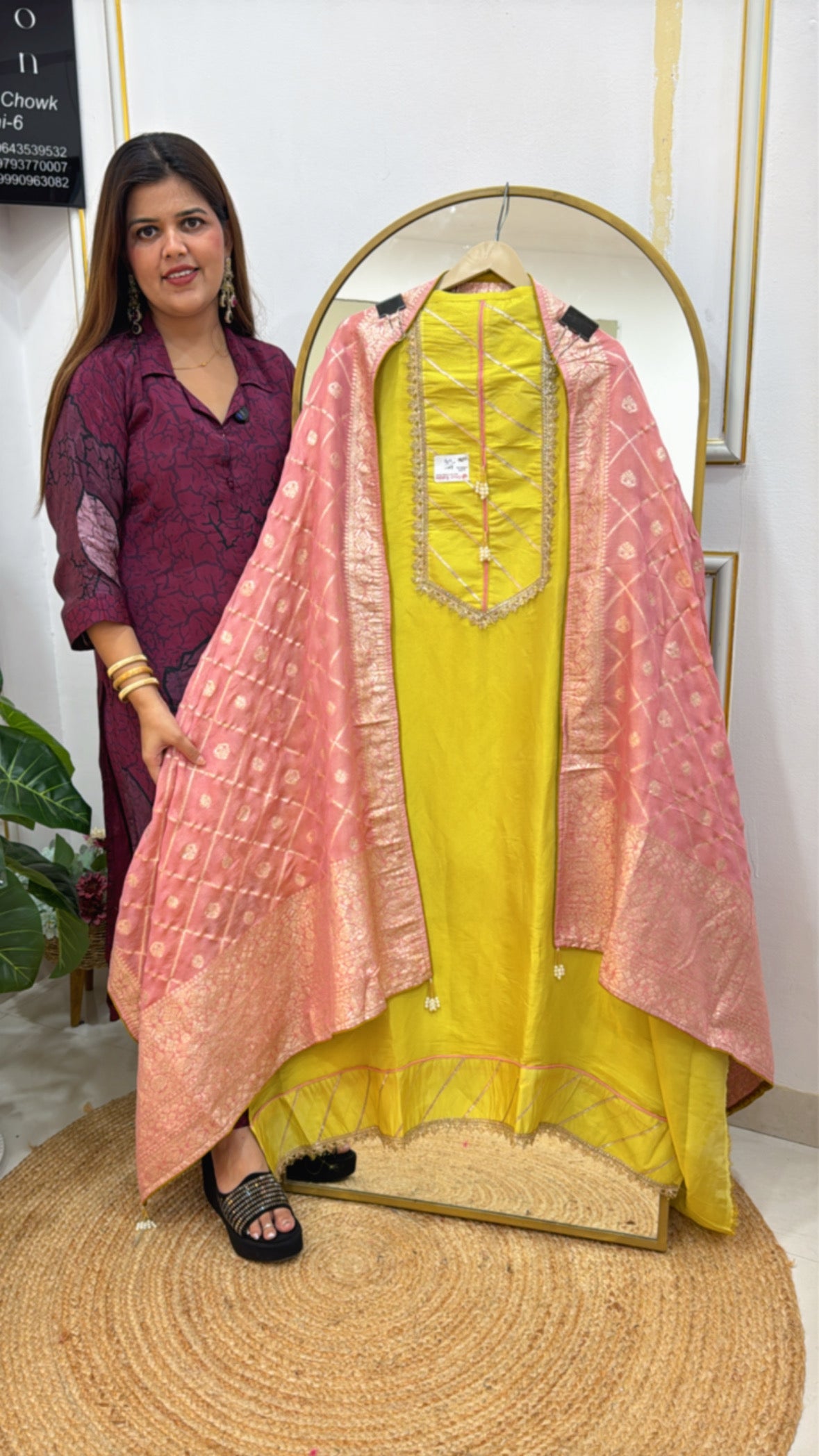 Festival gifting special pure silk shirt with gota neck work along full banarasi weaved dupatta GF592