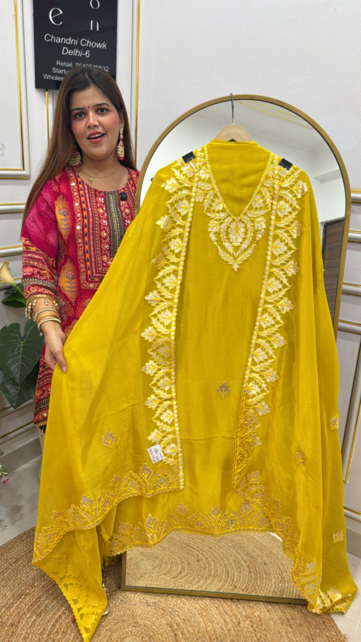 Elegant light weighted laser applique work detailing premium shimmer silk suit material with all over applique detailing  GF635