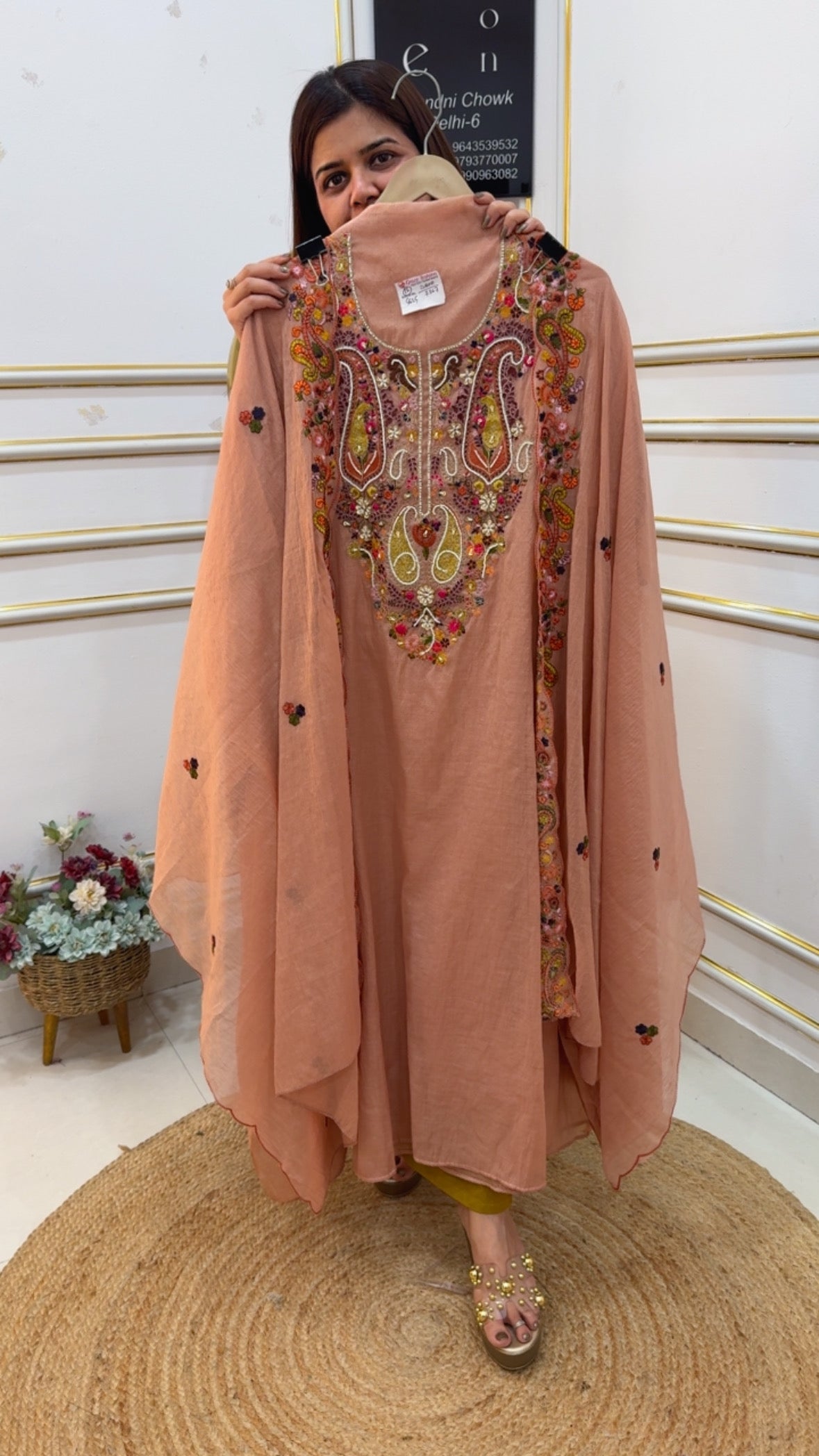 Pure Mul Mul beautiful handwork pearl bead work detailing classy neck work embroidery suit material with Mul Mul dupatta GF1051 PEACH