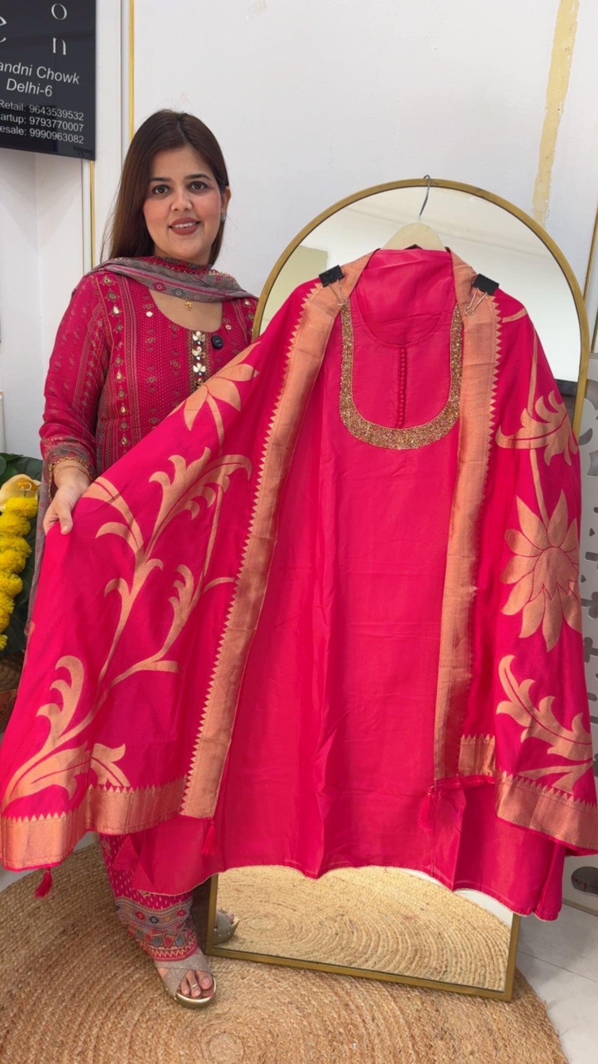 Semi partywear neck handwork shimmer suit material with weaved banarasi dupatta GF723