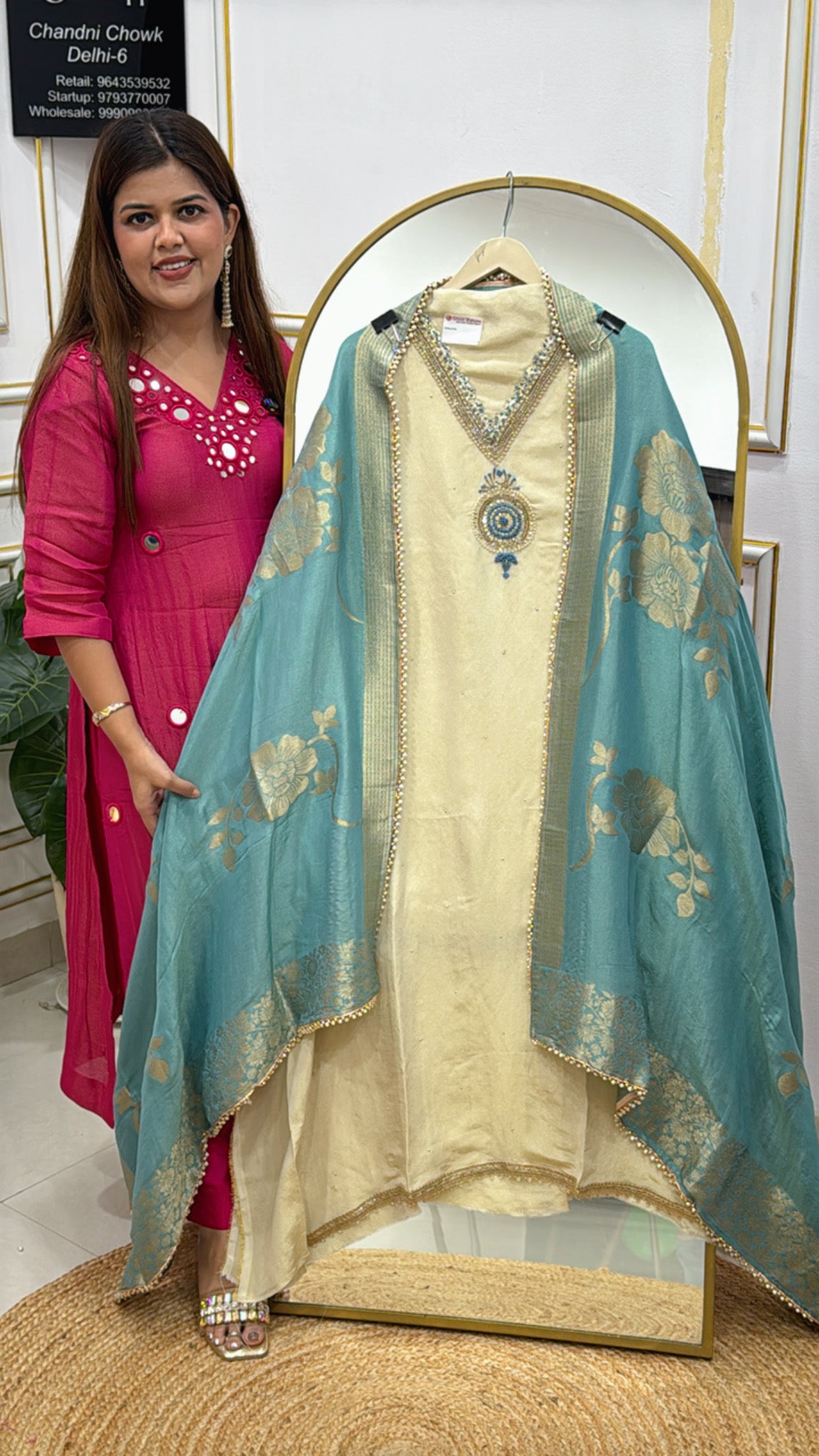 Elegant and designer golden ivory with elegant neck handwork along with contrasting weaved banarasi dupatta GF491