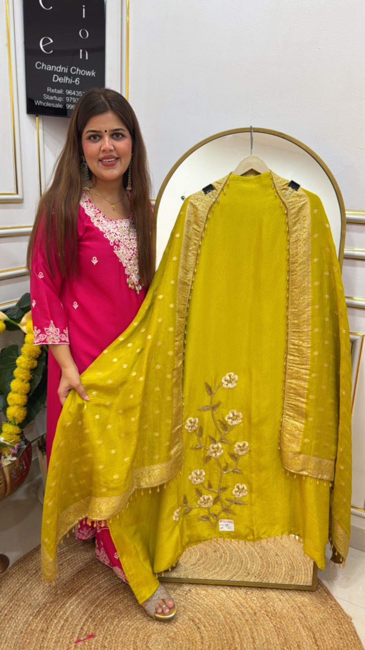 Premium and elegant partywear pure shimmer silk handwork detailing suit material with designer fill length dupatta GF664