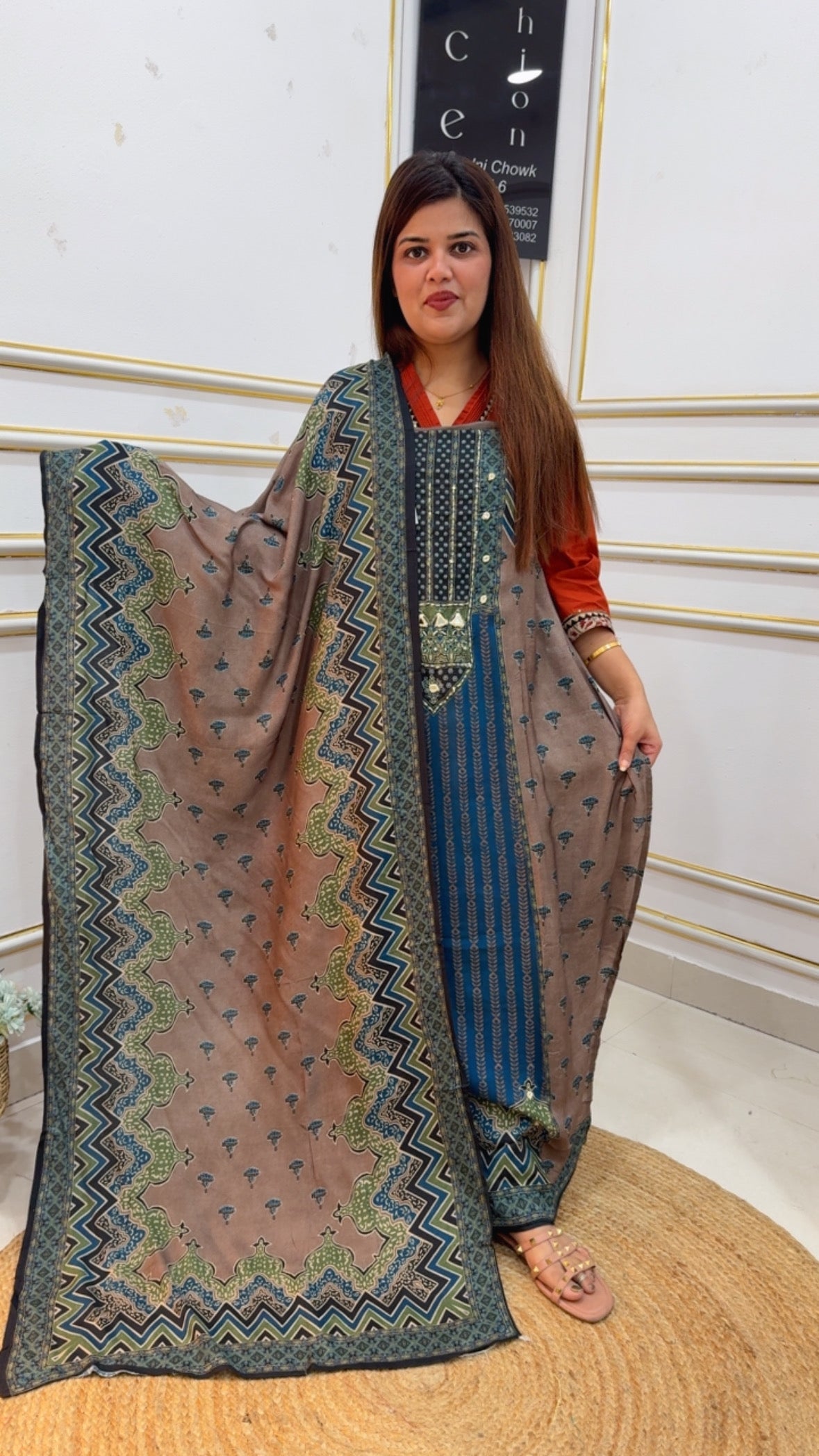 Summer friendly premium muslin digital printed suit material along with hand katha work at neck with muslin printed dupatta GF1074 BLUE WITH GREEN