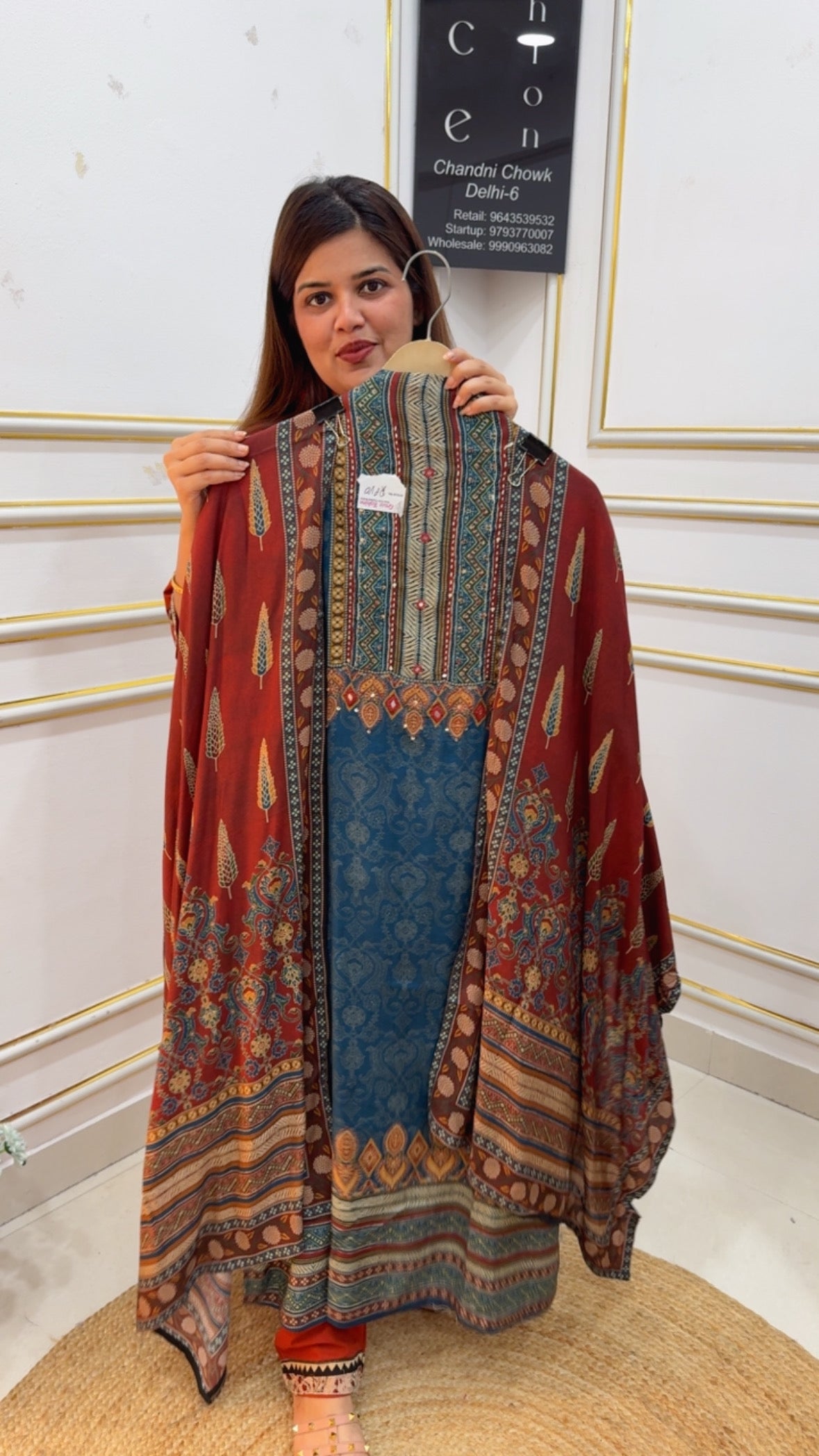 Summer friendly premium muslin digital printed suit material along with hand katha work at neck with muslin printed dupatta GF1074 BLUE WITH RUST