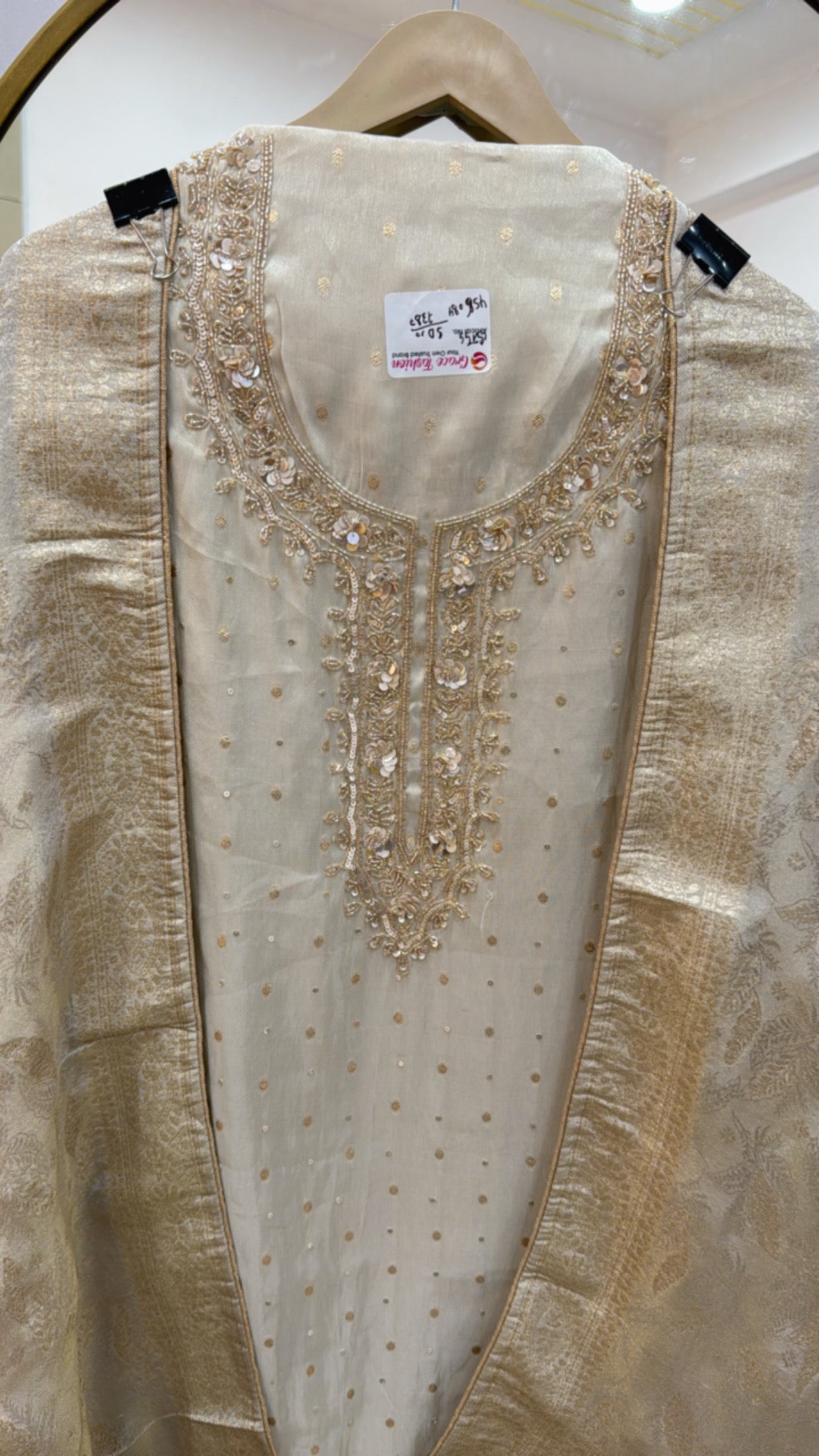 Elegant and trending pure shimmer silk golden ivory suit material along with designer neck and shimmer silk dupatta GF 580