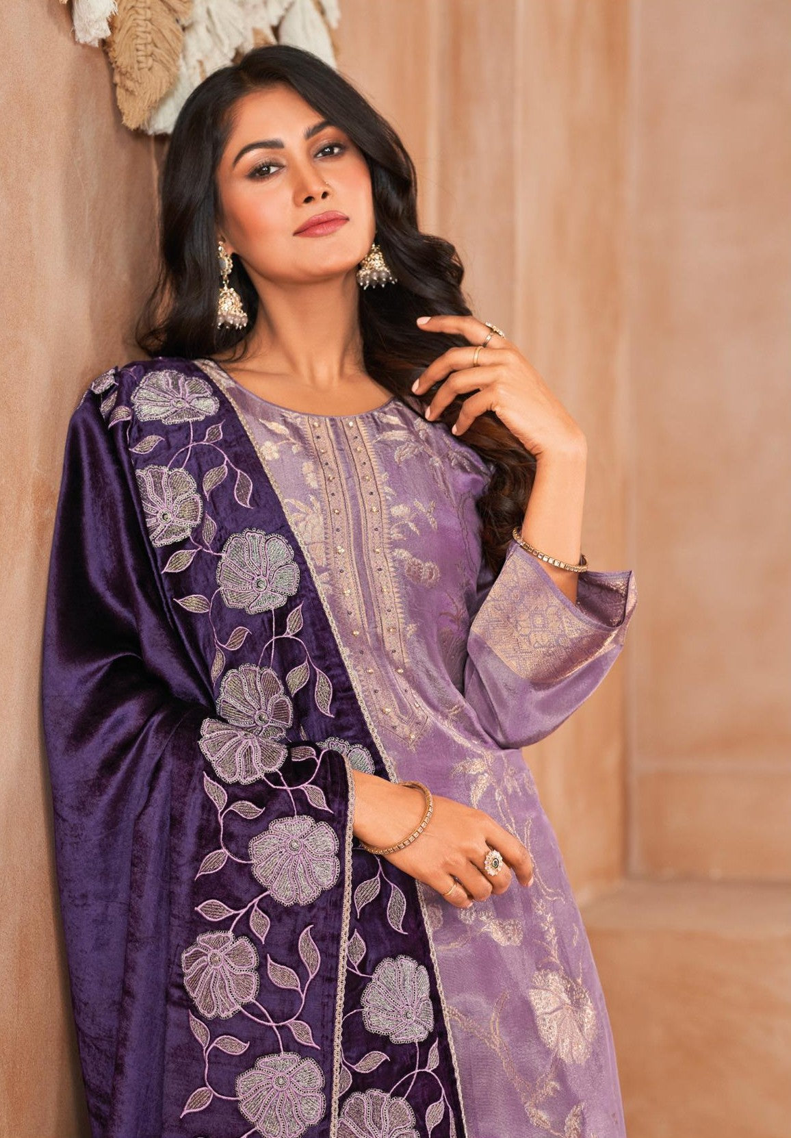 Velvet Glam pure kajivaram Full weaved suit material with silk bottom along with embroidered Velvet dupatta GF730