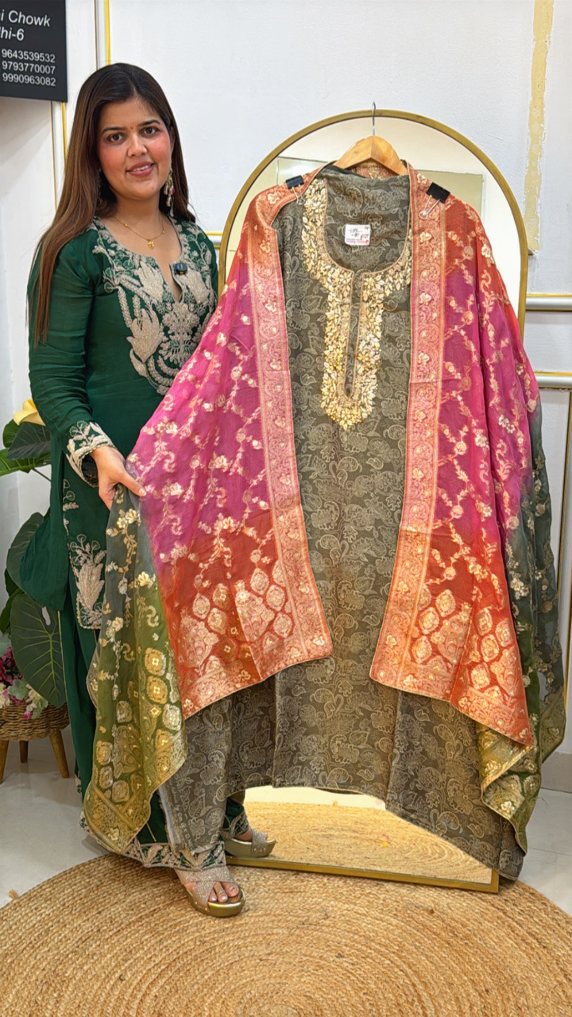 Wedding special pure kanjivaram suit material along with premium neck handwork with triple die organza silk weaved dupatta GF 622