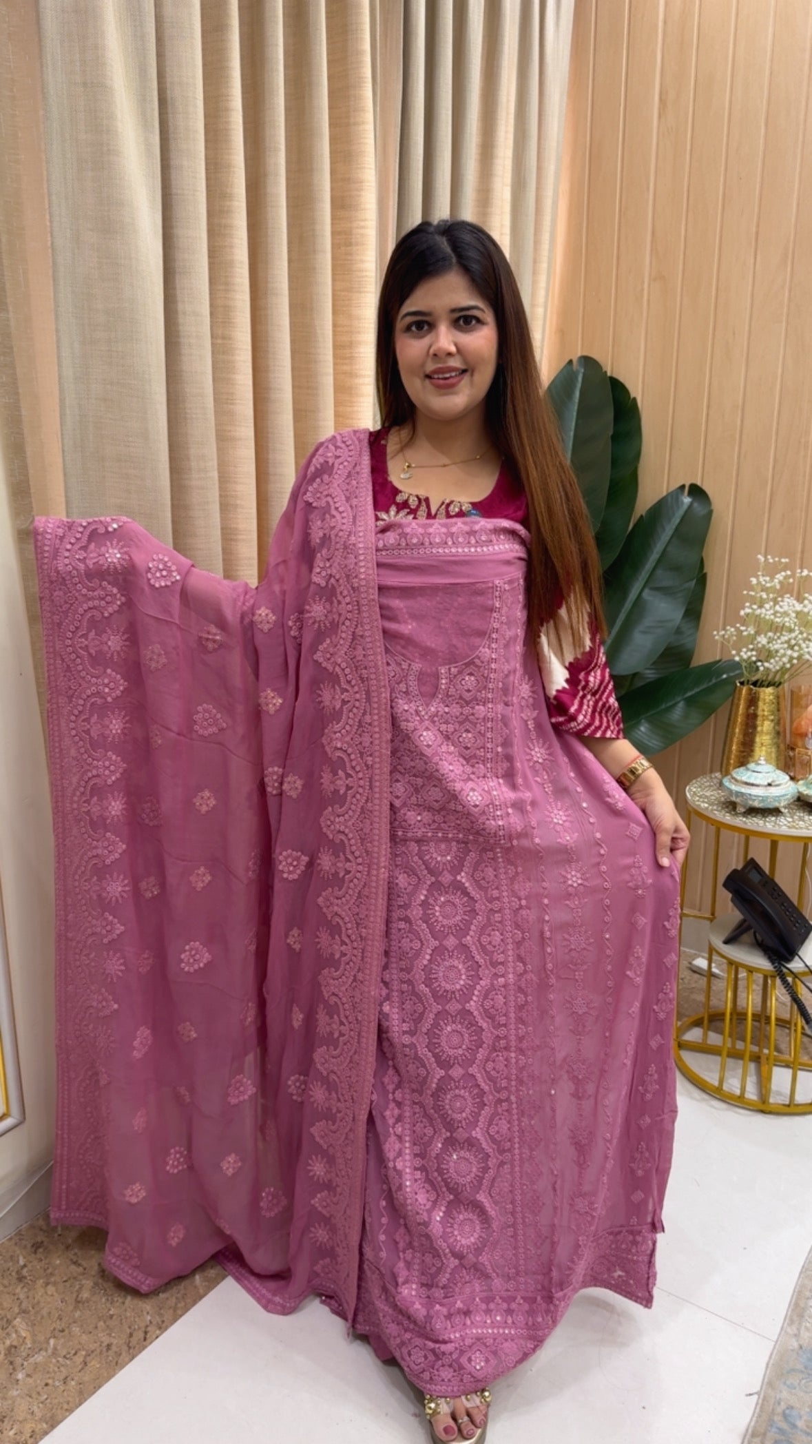 Traditional and royal pure Georgette Lucknowi super premium chikankari suit material along with full chikankari dupatta GF1157 Orchid Pink