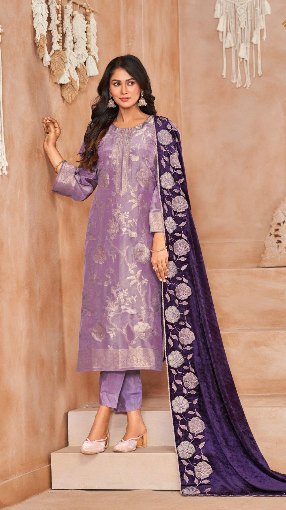 Velvet Glam pure kajivaram Full weaved suit material with silk bottom along with embroidered Velvet dupatta GF730