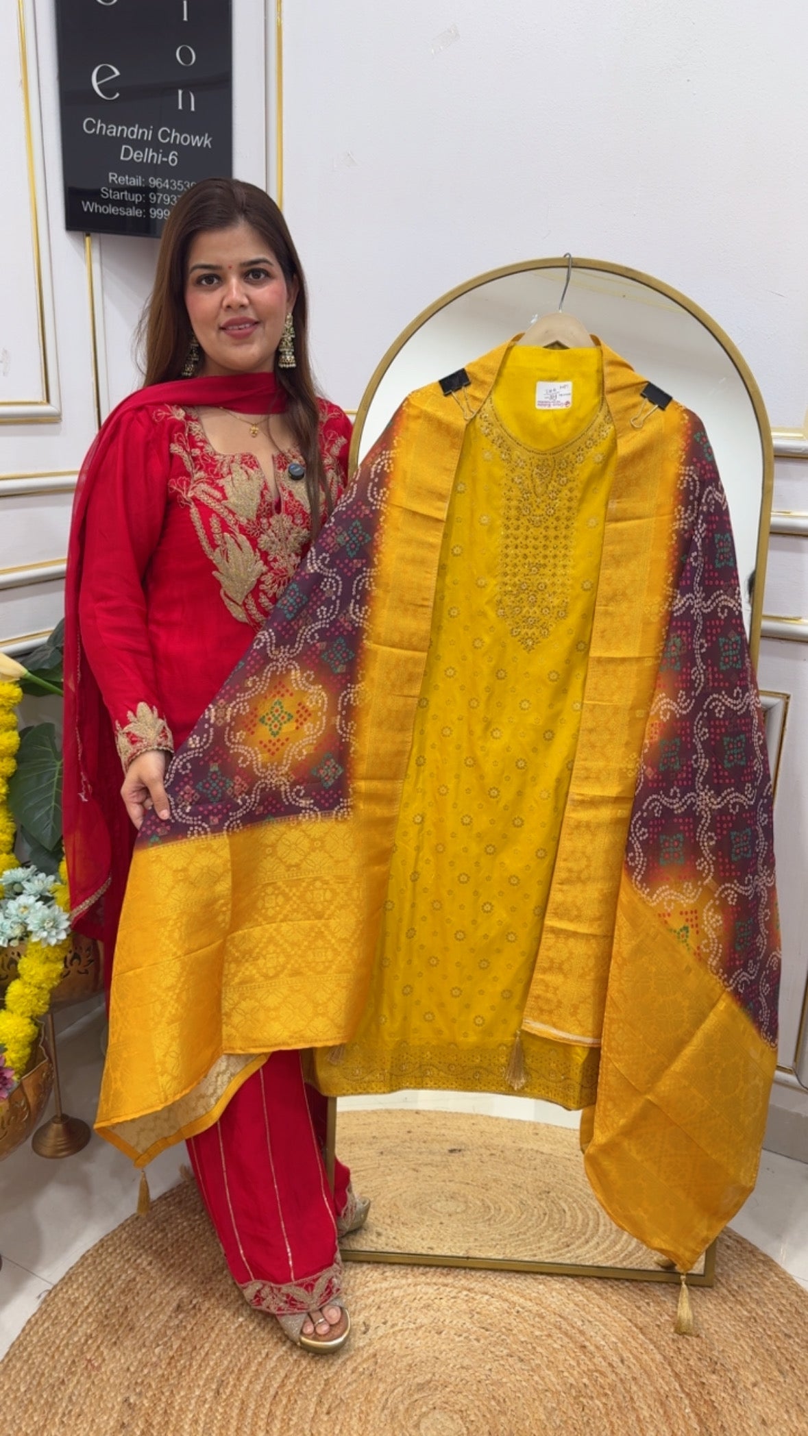 Beautiful weaved silk suit material with full weaved bandhani printed dupatta  GF680