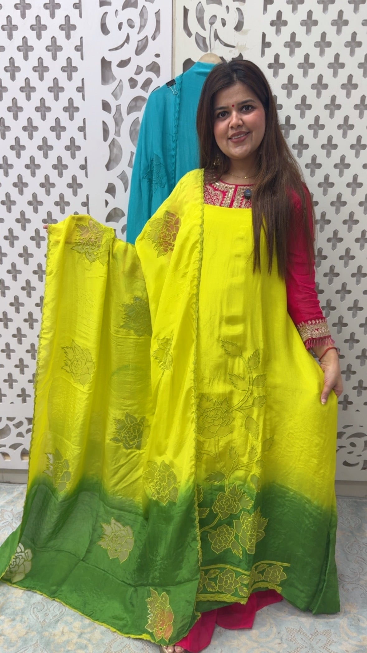 Vibrant premium pure crape silk suit material with laser Applique work detailing along with beautiful ombre GF 829