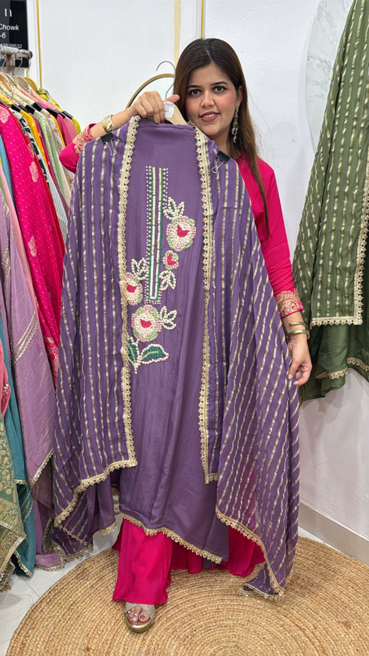 Partywear special latest 3d handwork over pure crushed shimmer silk shirt material along with designer silk dupatta GF558