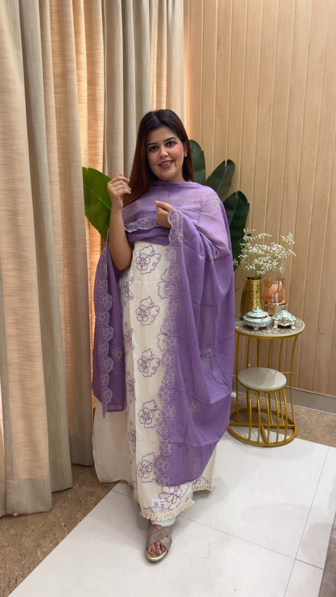 Summer special pure cotton polka style applique embroidery suit material with embroidery dupatta GF1176 Purple and White