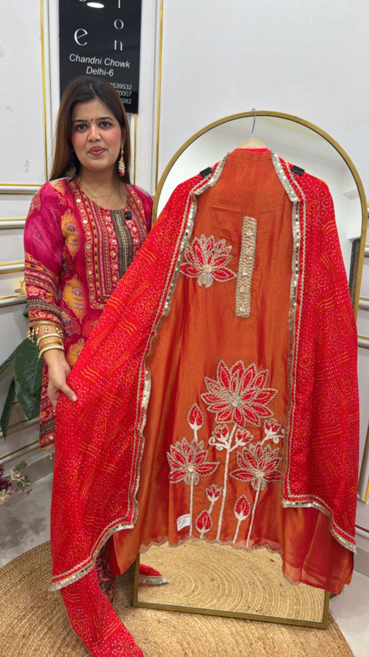 Festive special designer applique work shimmer silk partywear suit material with bandhani gajji silk dupatta GF632