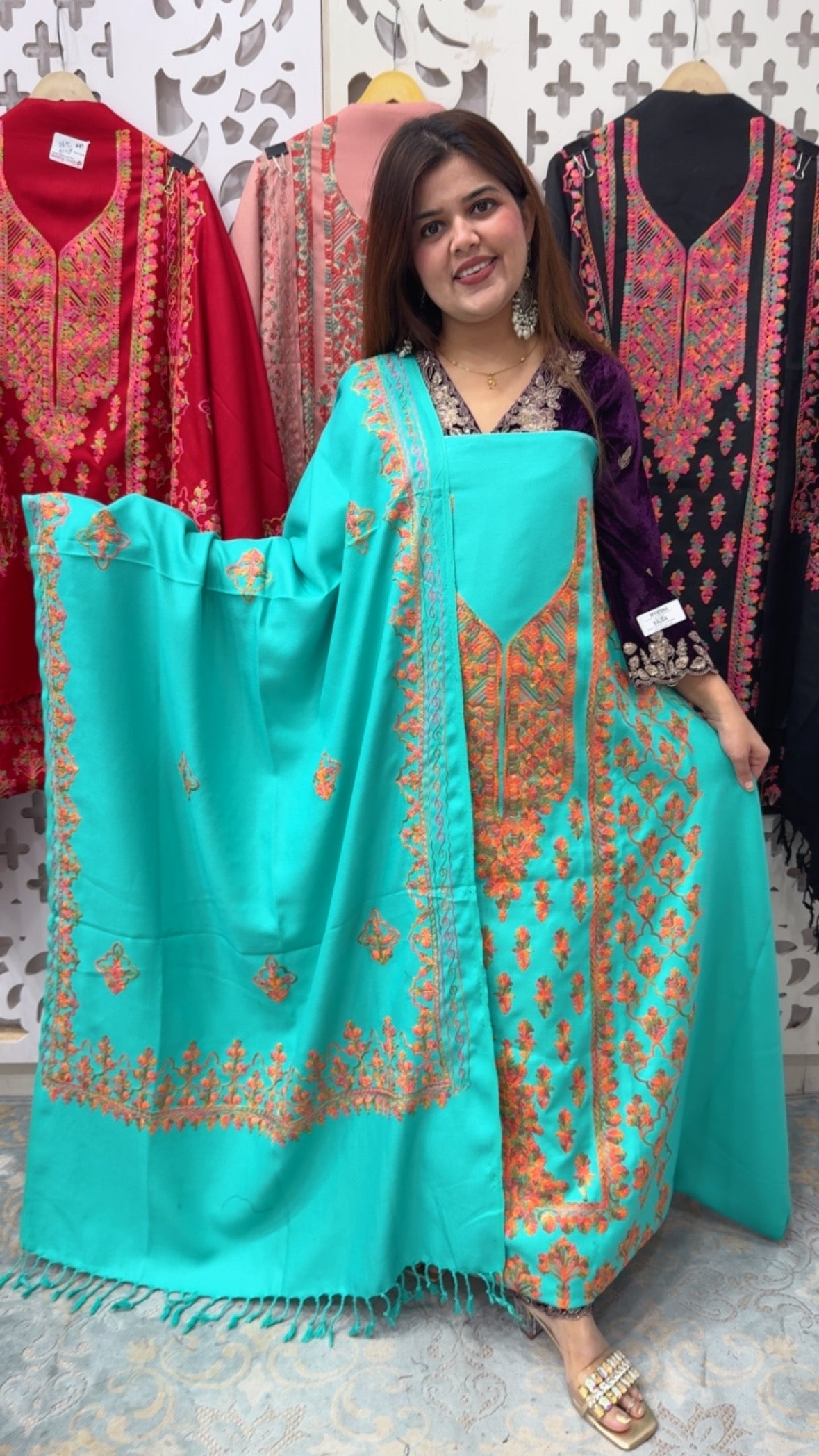 Super elegant and pure full embroidery Kashmir pashmina suit with full embroidery Kashmiri pashmina shawls and embroidered pashmina bottom GF837