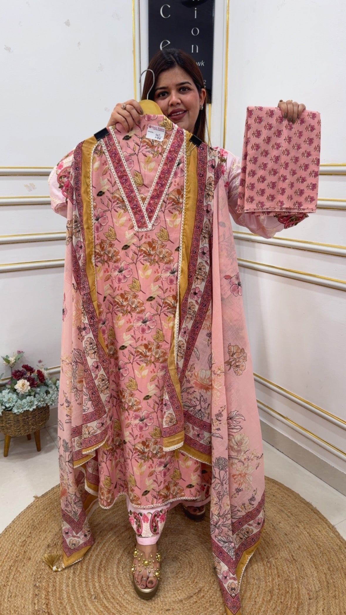 Pure cotton beautifully printed royal neck detailing suit material along with Mul Mul classy printed dupatta GF1057 Blush Rose Pink