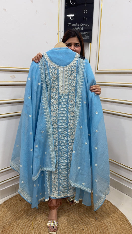 Lucknowi Elegance ,Premium and pure Mul cotton Lucknowi suit material along with Mul cotton duapatta royal suit GF1123 Powder Blue