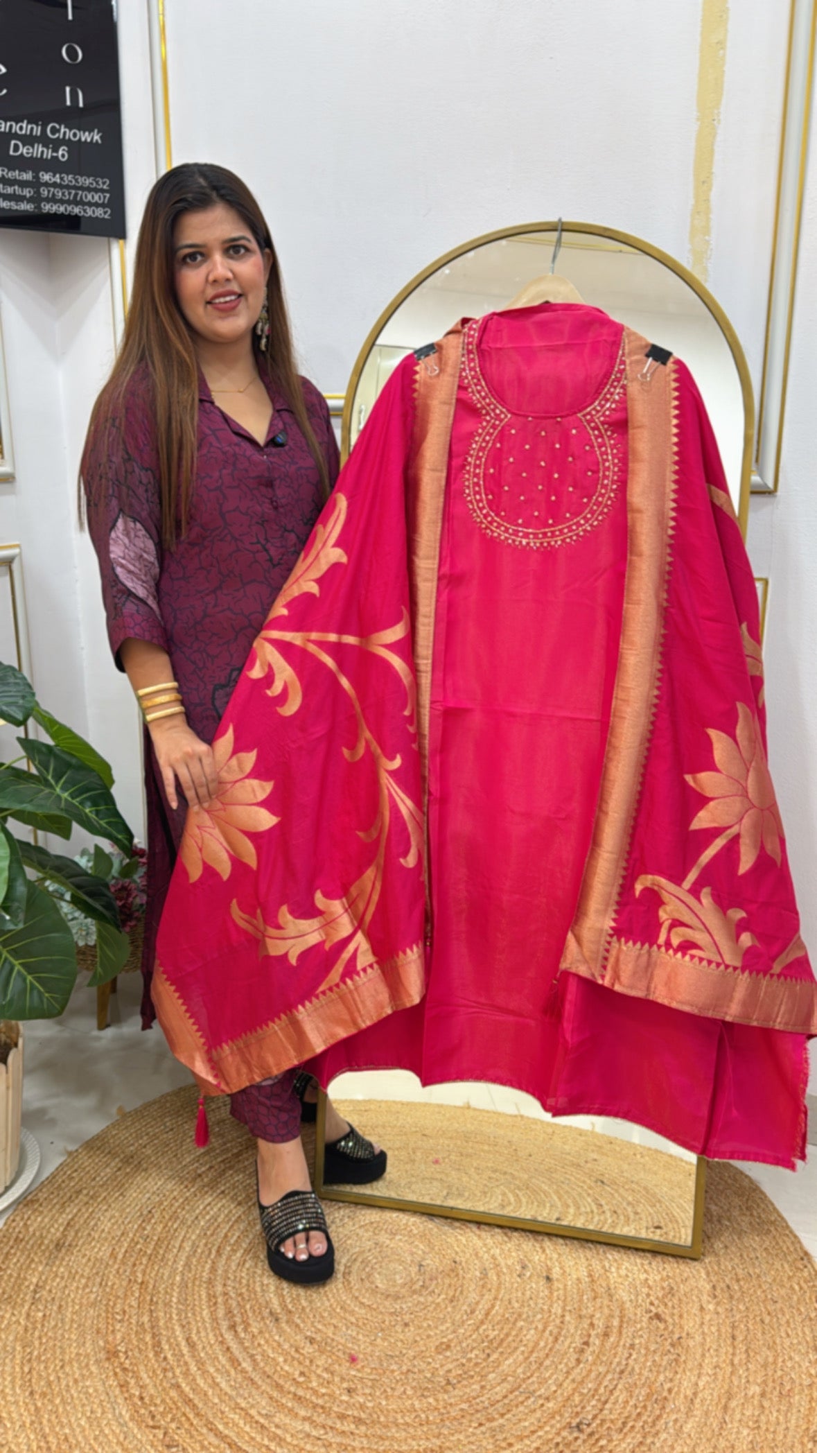 Special festival series pure shimmer silk suit with neck handwork along with weaved banarasi dupatta GF591