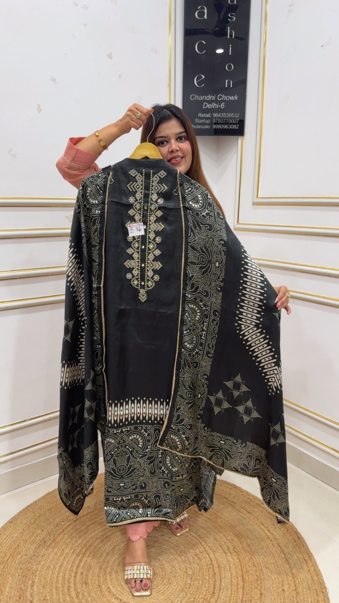 Gajji Silk magic ,pure original designer printed gazzi silk suit material along with Beautiful neck work and pure Gajji silk printed dupatta GF1143 Black