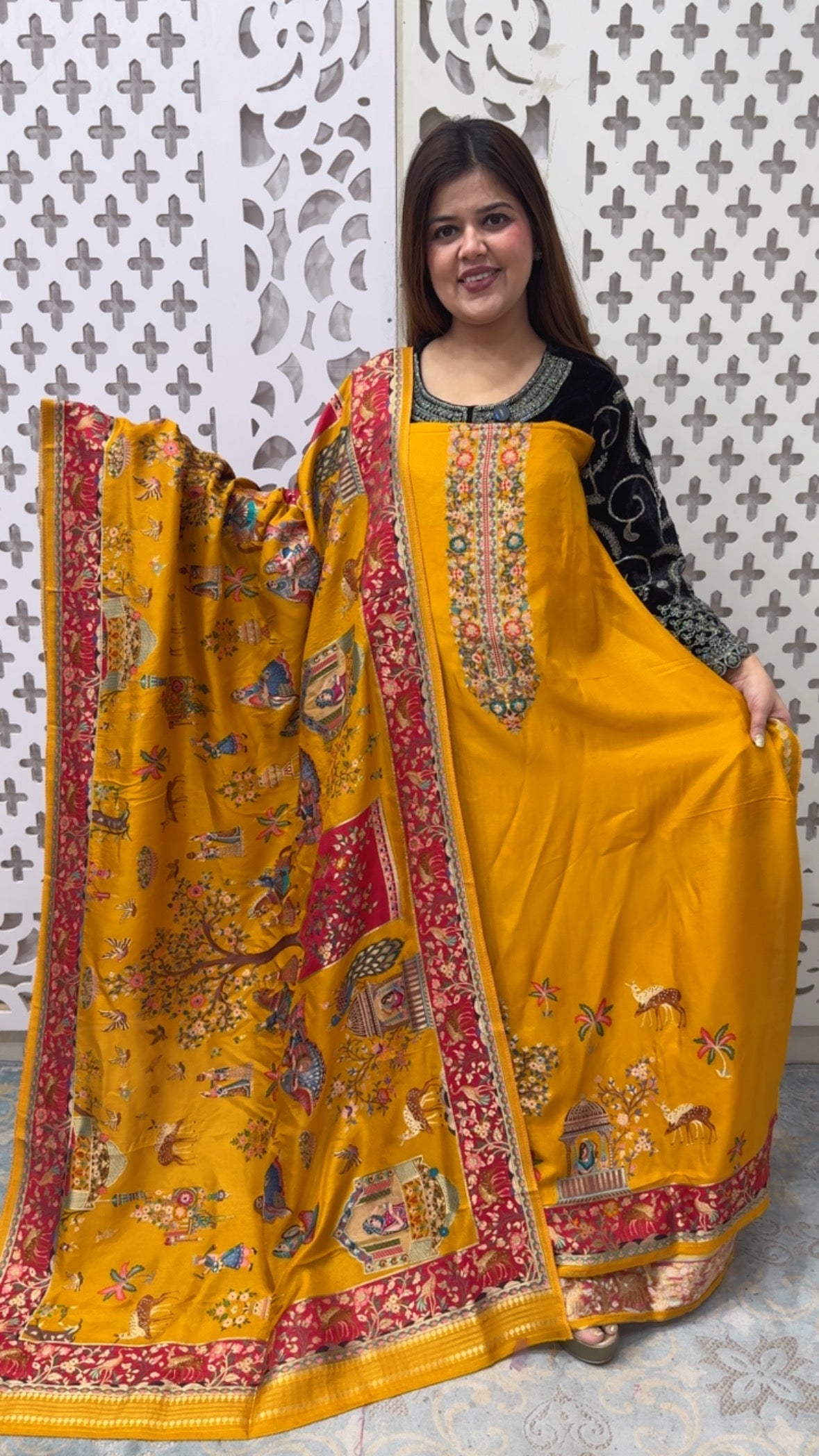 Premium and Royal ultra luxury full weaved raw Russian silk  Pichwai art designer wedding style suit material along with full length weaved dupatta GF847