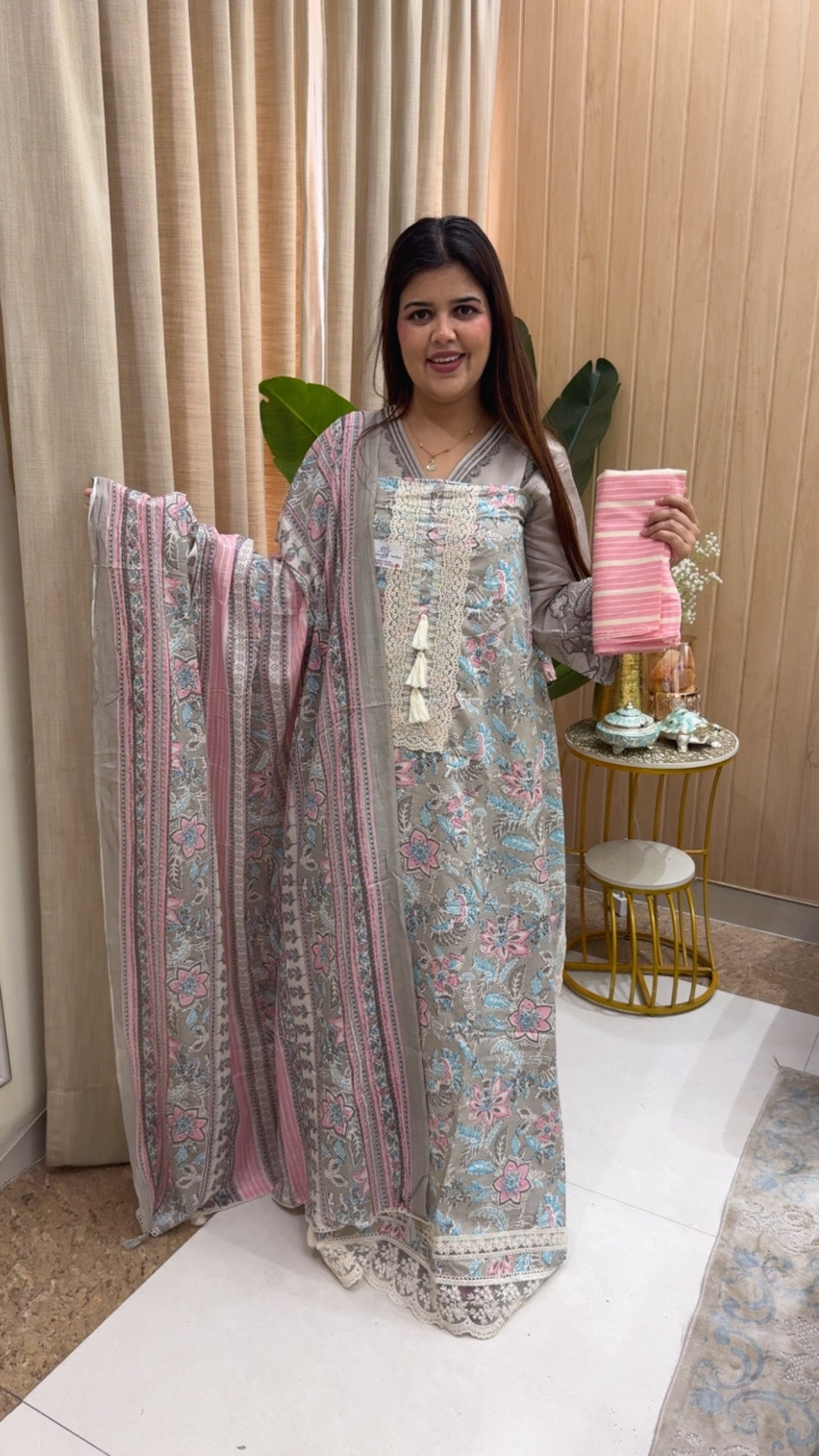 Pure cotton printed casual designer printed suit material with laces work along with printed dupatta and printed bottom gf1164 Gray