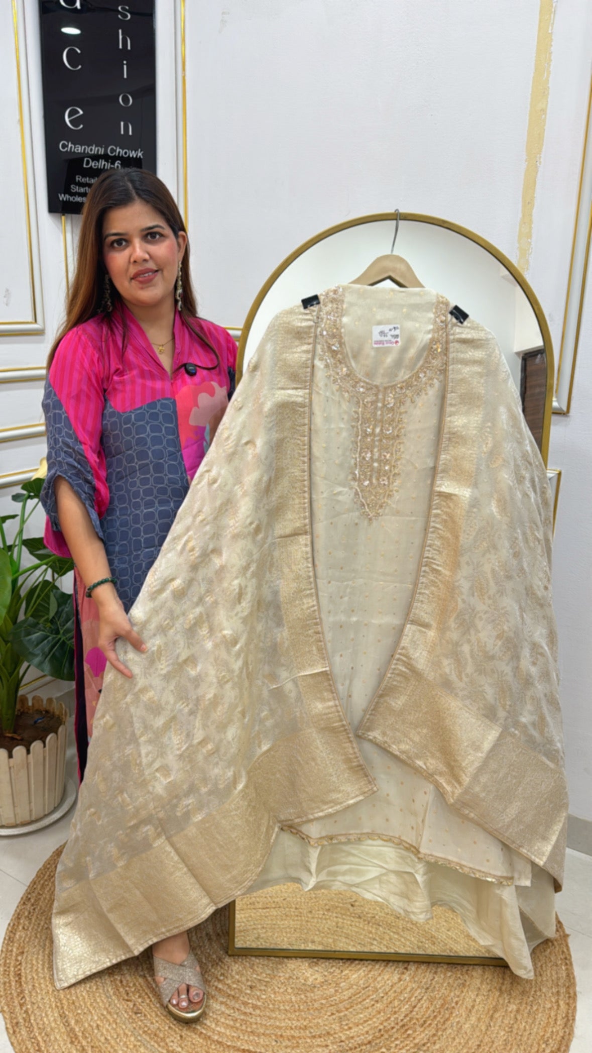 Elegant and trending pure shimmer silk golden ivory suit material along with designer neck and shimmer silk dupatta GF 580