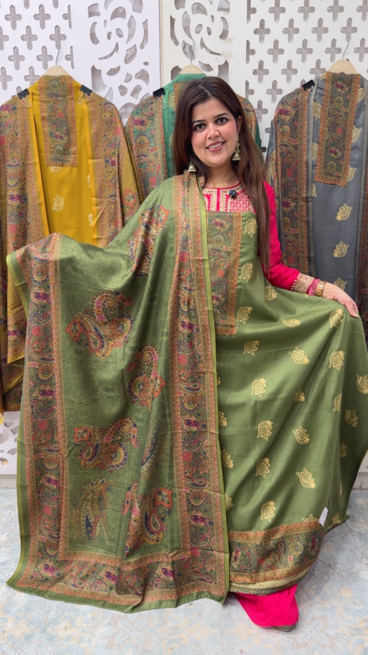 Winter special premium pashmina full embroidery suit materials with designer printed pashmina shawl along with pashmina bottom GF826