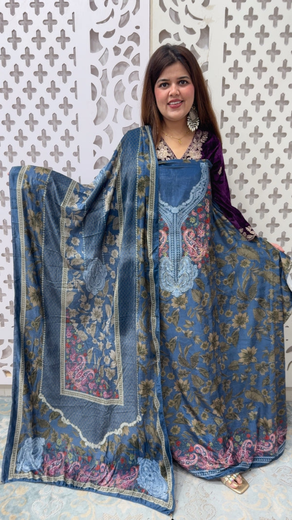 Royal and elegant winter special unique Karachi printed velvet suit mater with velvet dupatta and pashmina bottom GF839