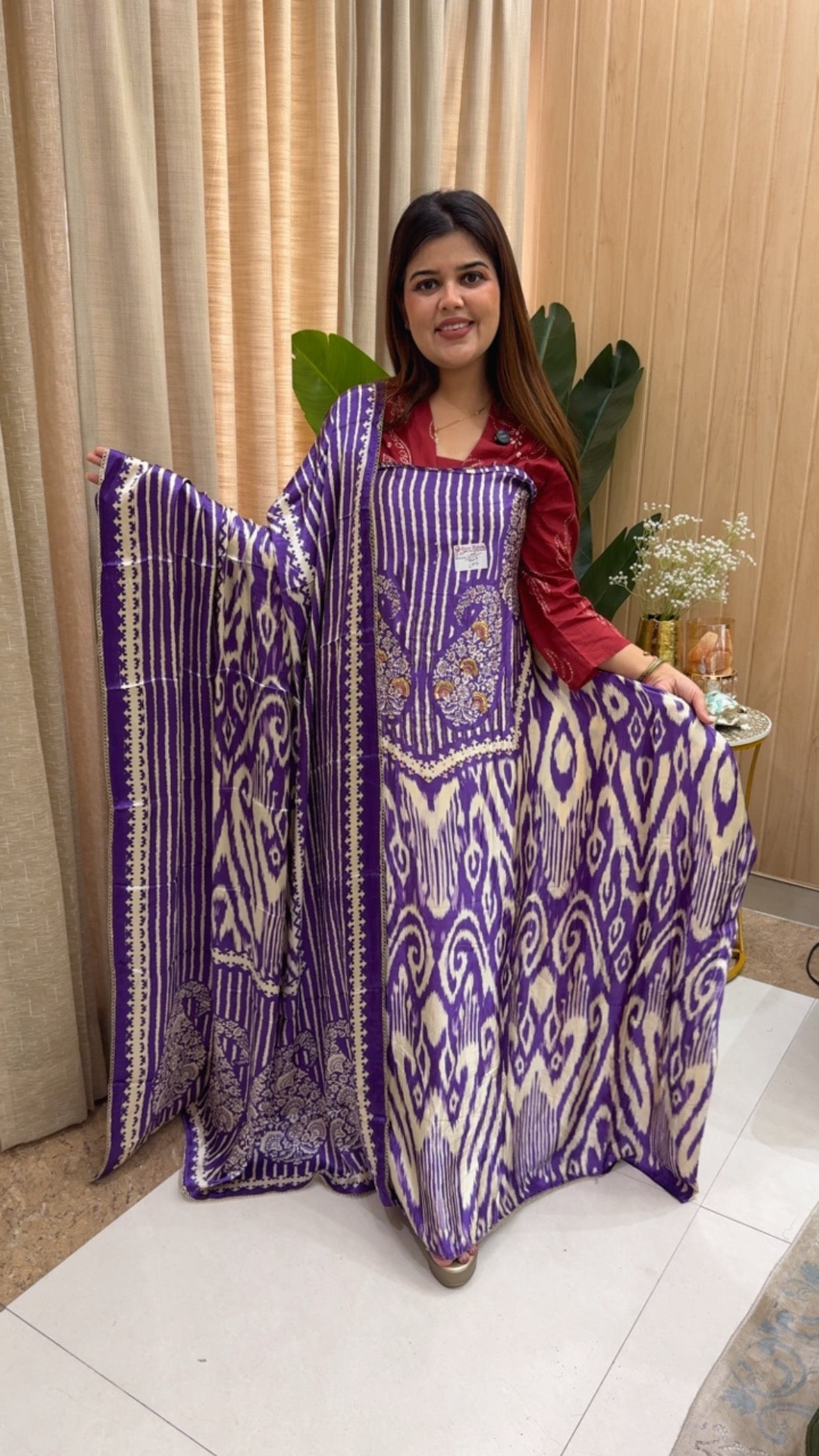 Gazzi silk premium quality Ikkat printed pure design luxurious suit material along with designer Ikkat printed dupatta GF1163 Purple