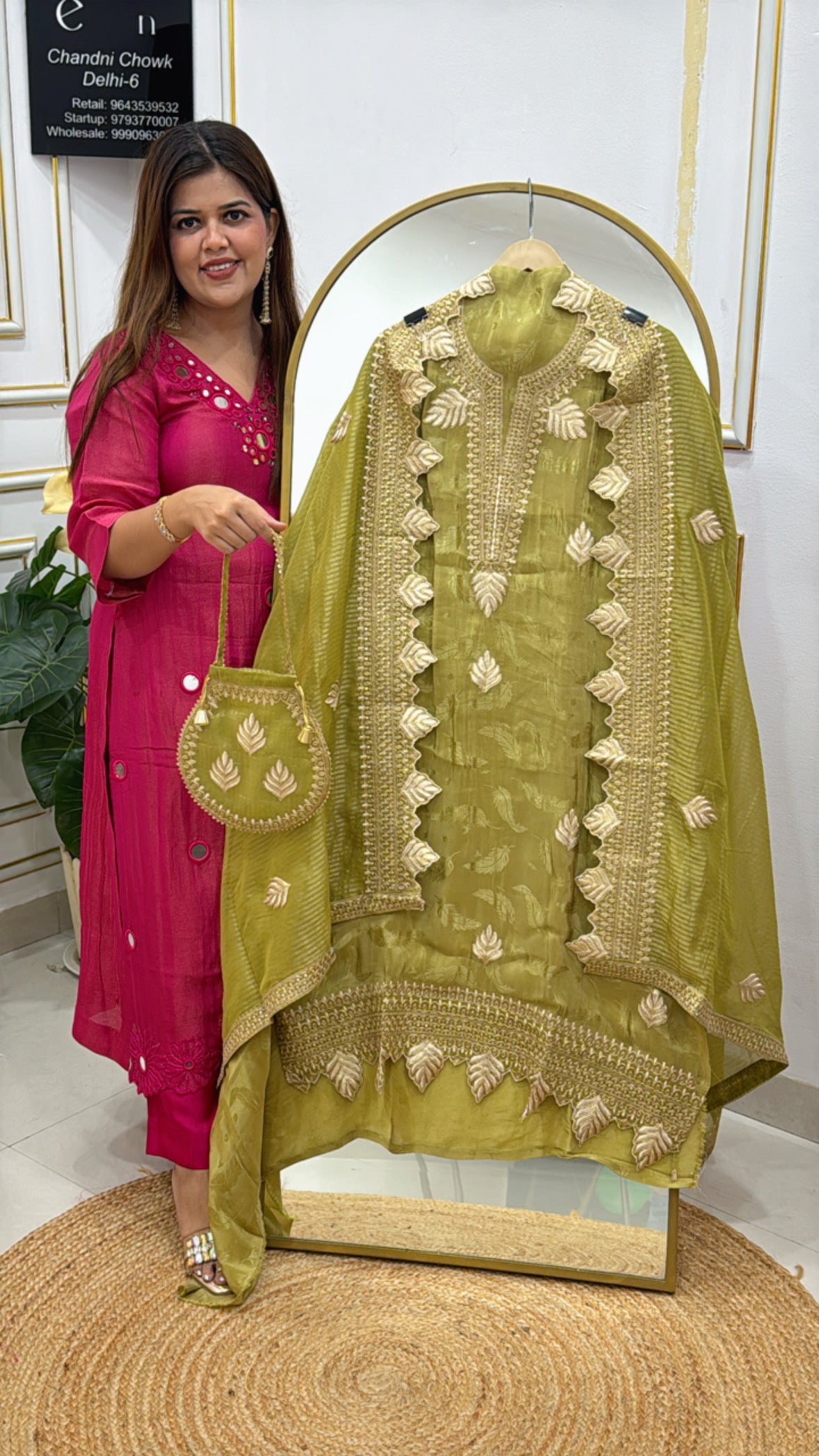 Best seller pure silk light weighted suit material with applique cut work dupatta along with potli GF490