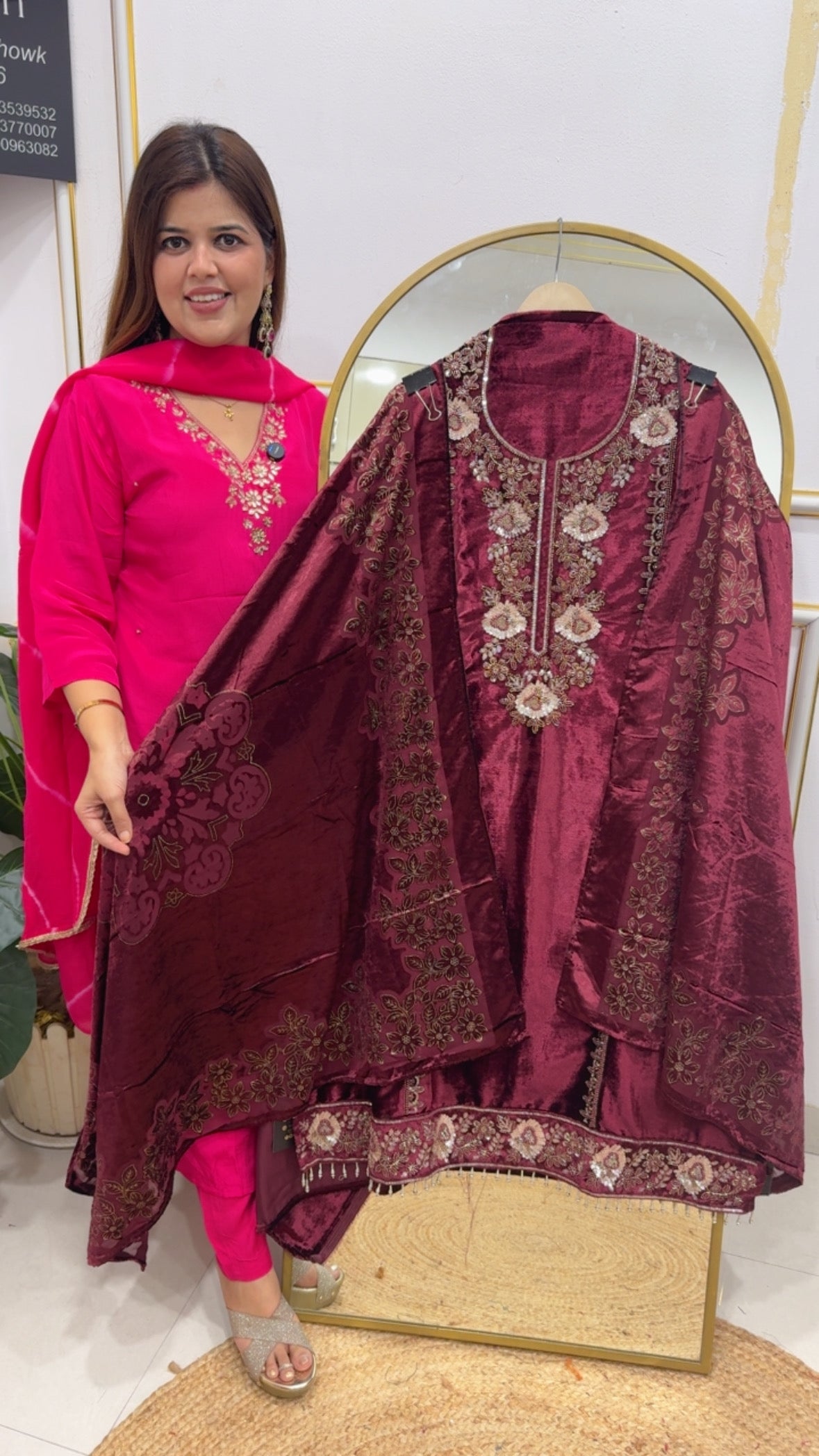 Royal and Designer pure velvet partywear handwork pashmina suit materials with royal Brasso velvet dupatta with premium handwork detailing neck with premium velvet bottom GF790